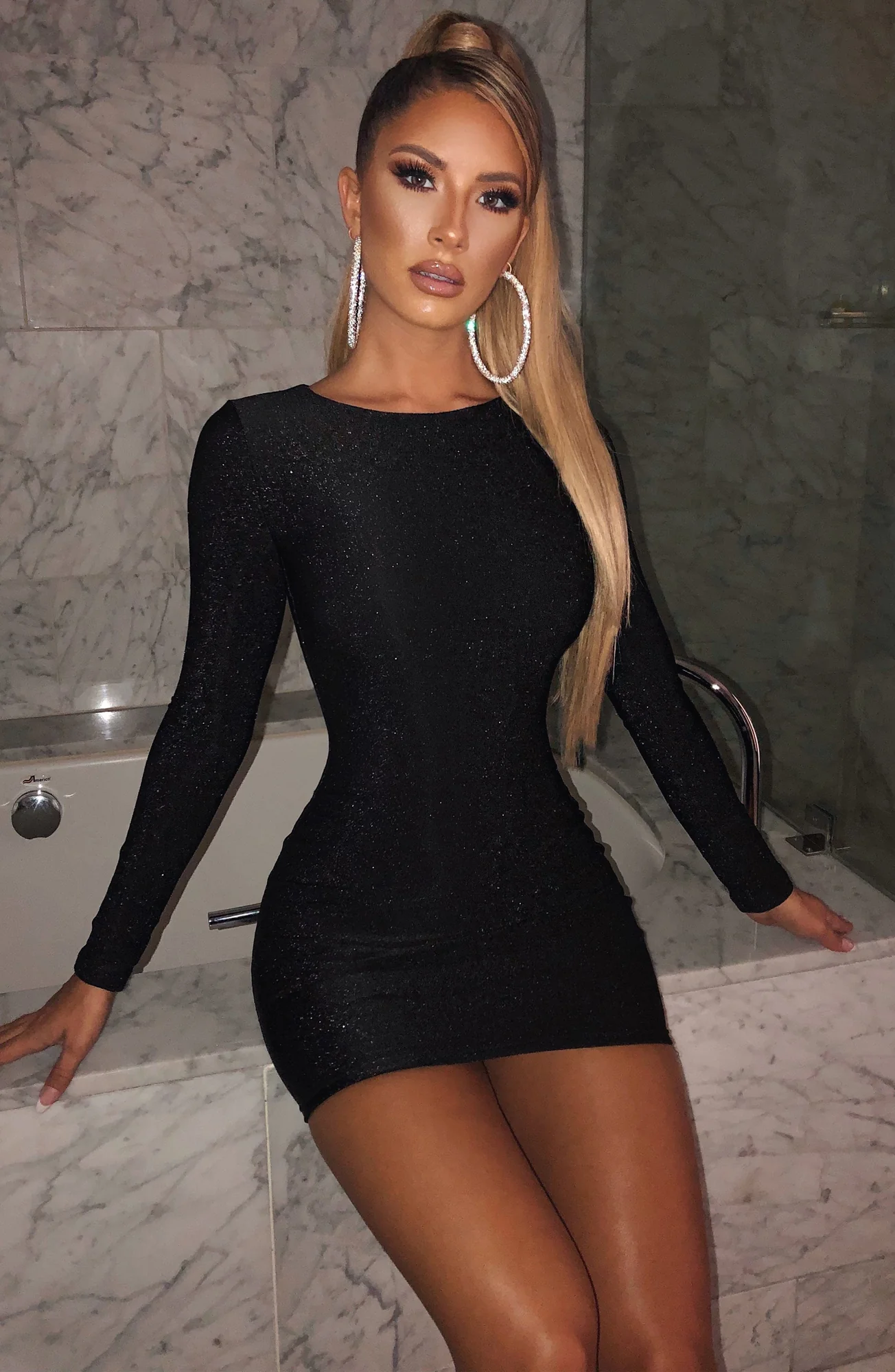 Black Sparkle Bodycon Mini Dress - Stretchy Long Sleeve Style