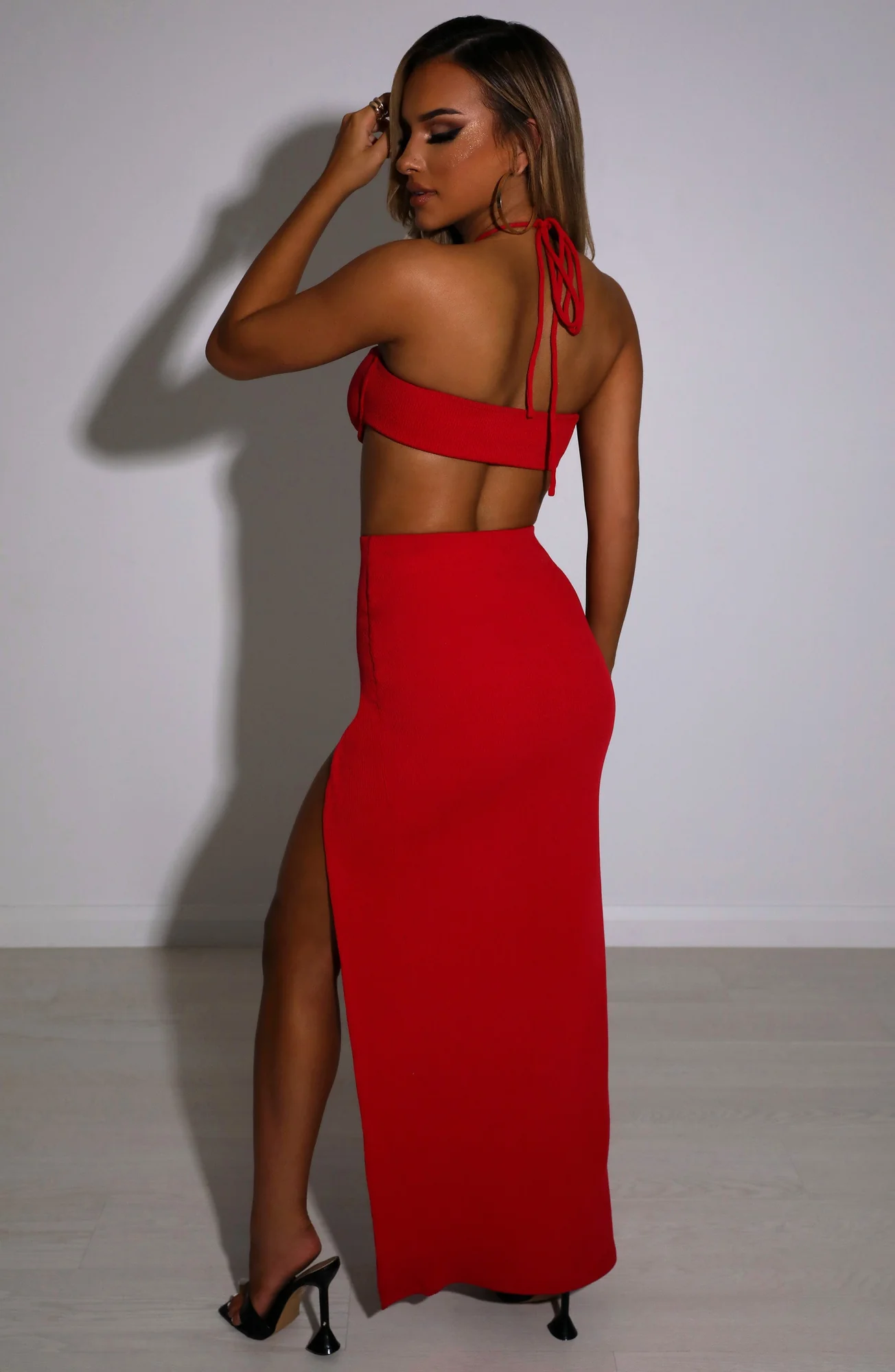 Red Ribbed Double Layered Maxi Skirt