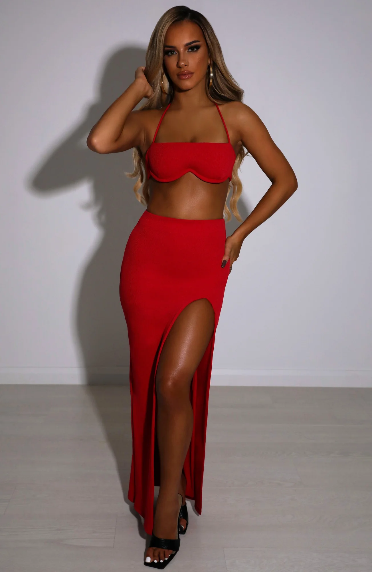 Red Ribbed Double Layered Maxi Skirt