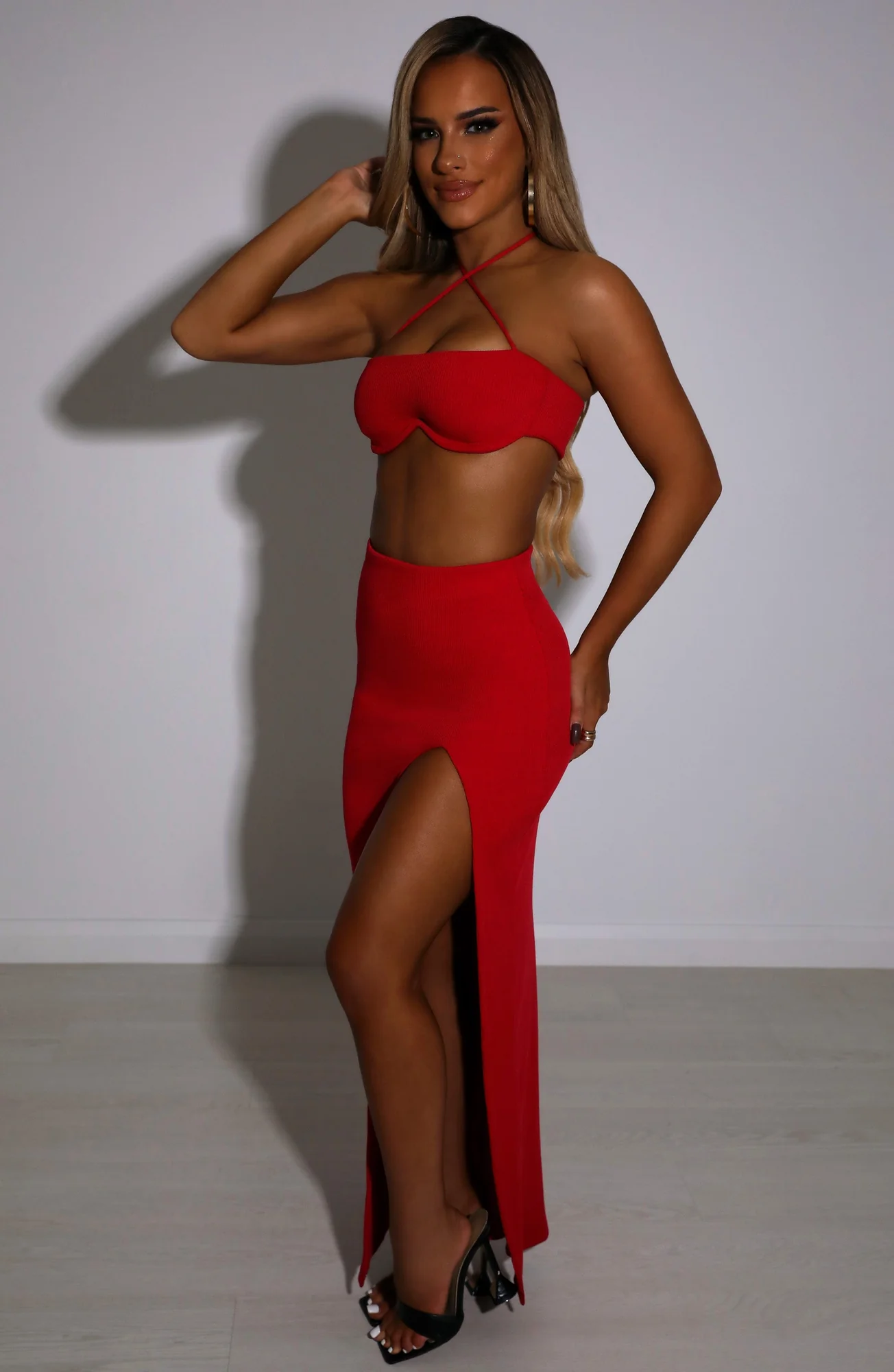 Red Ribbed Double Layered Maxi Skirt