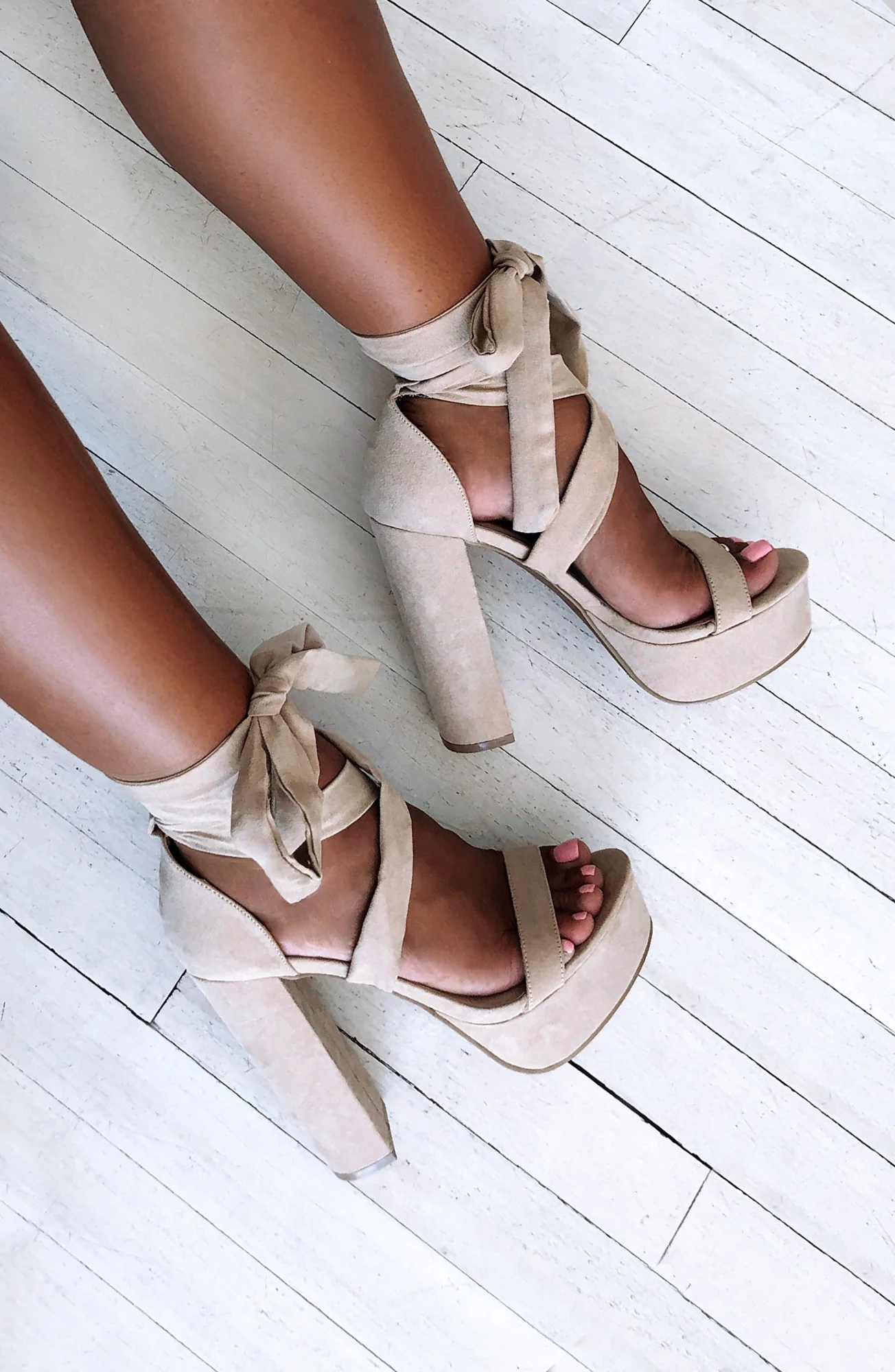 Nude Wrap Around Ankle Straps Block Heels