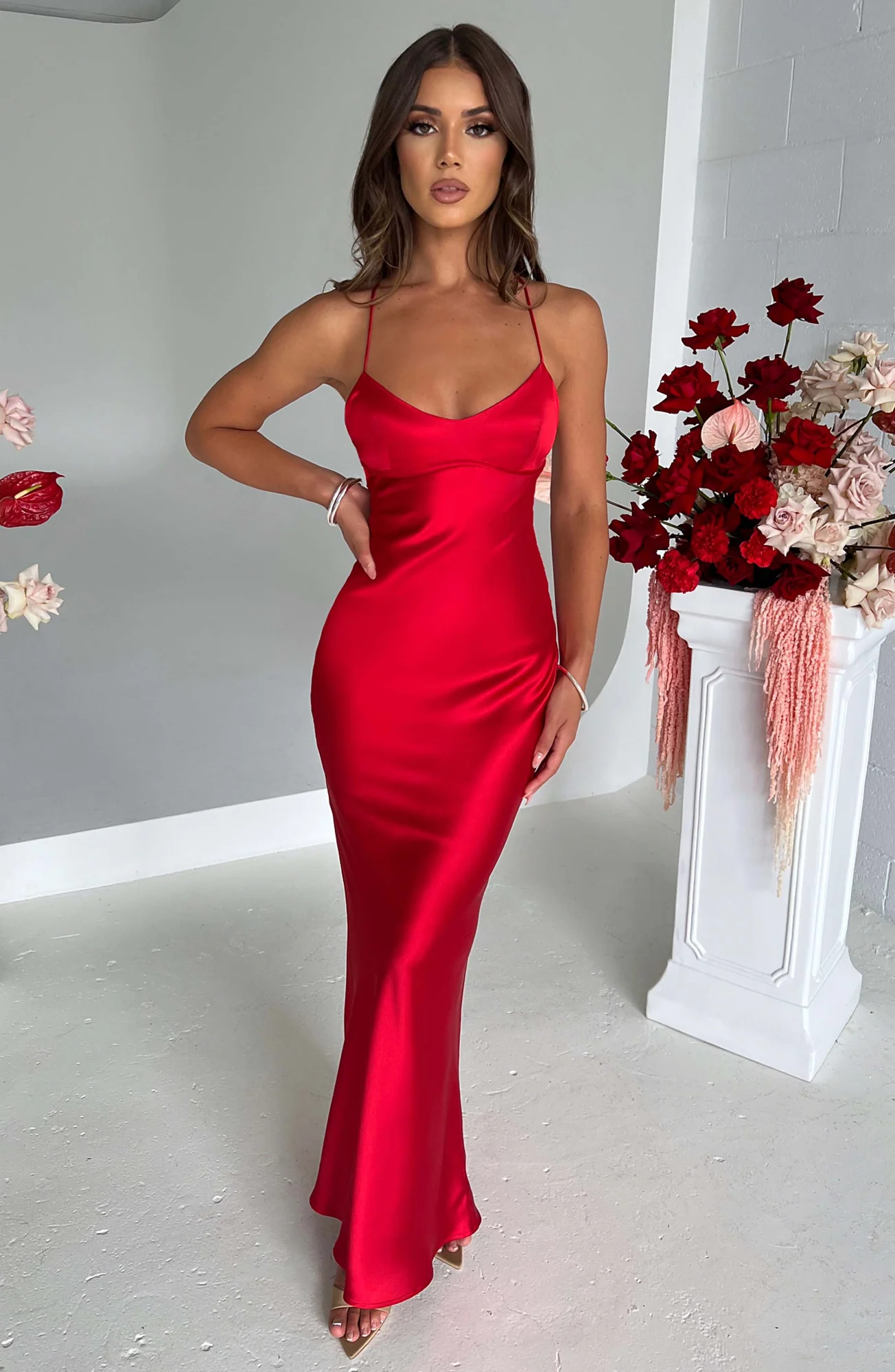 Red Maxi Dress in Luxury Mid-Stretch Satin - Elegant Evening Wear