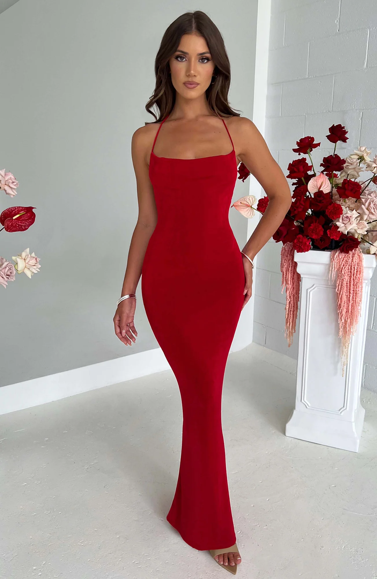 Red Textured Jersey Maxi Dress - Elegant Floor-Length Design