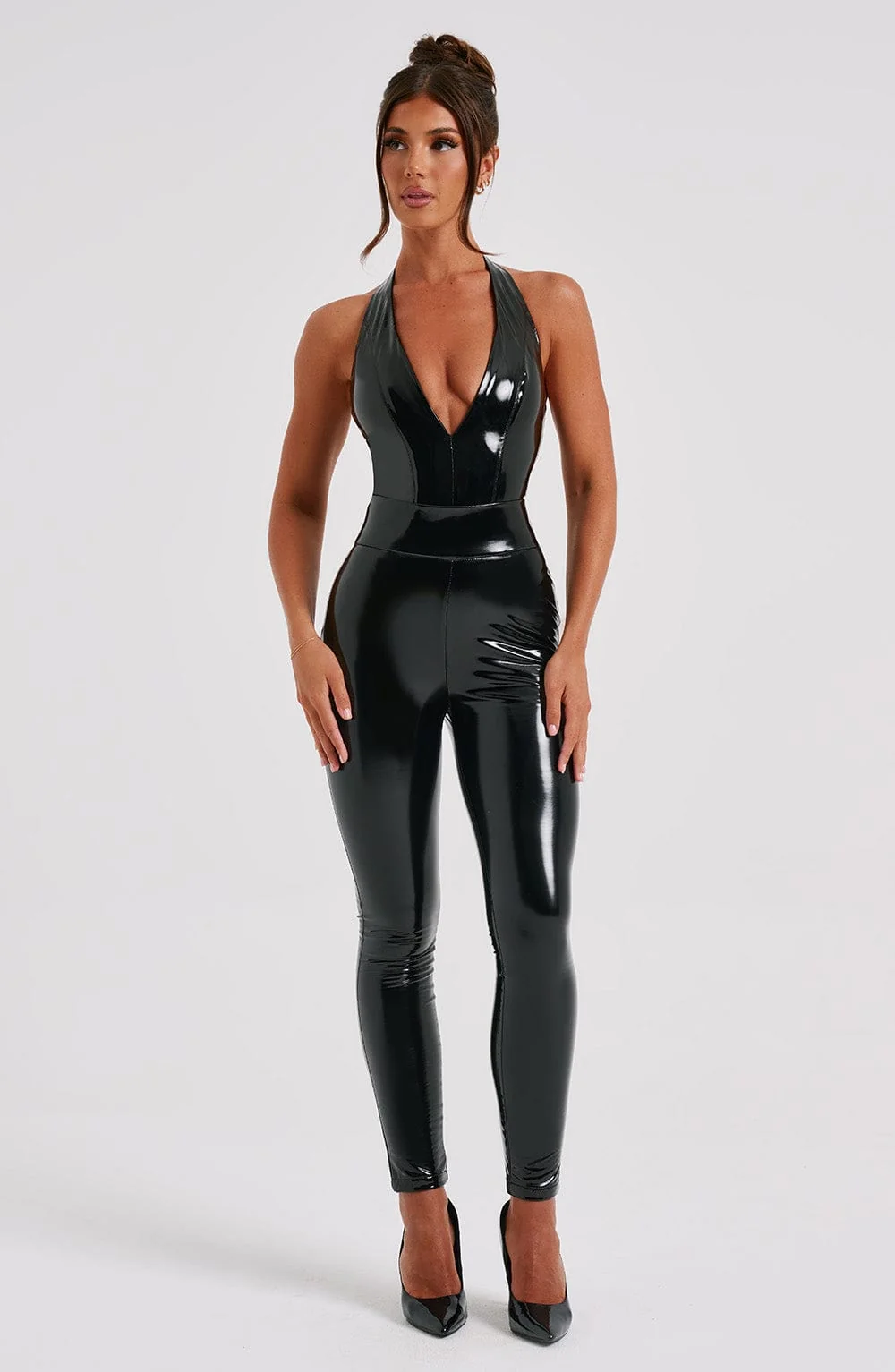 Black Vinyl Plunge Neck Bodysuit with Halterneck Strap