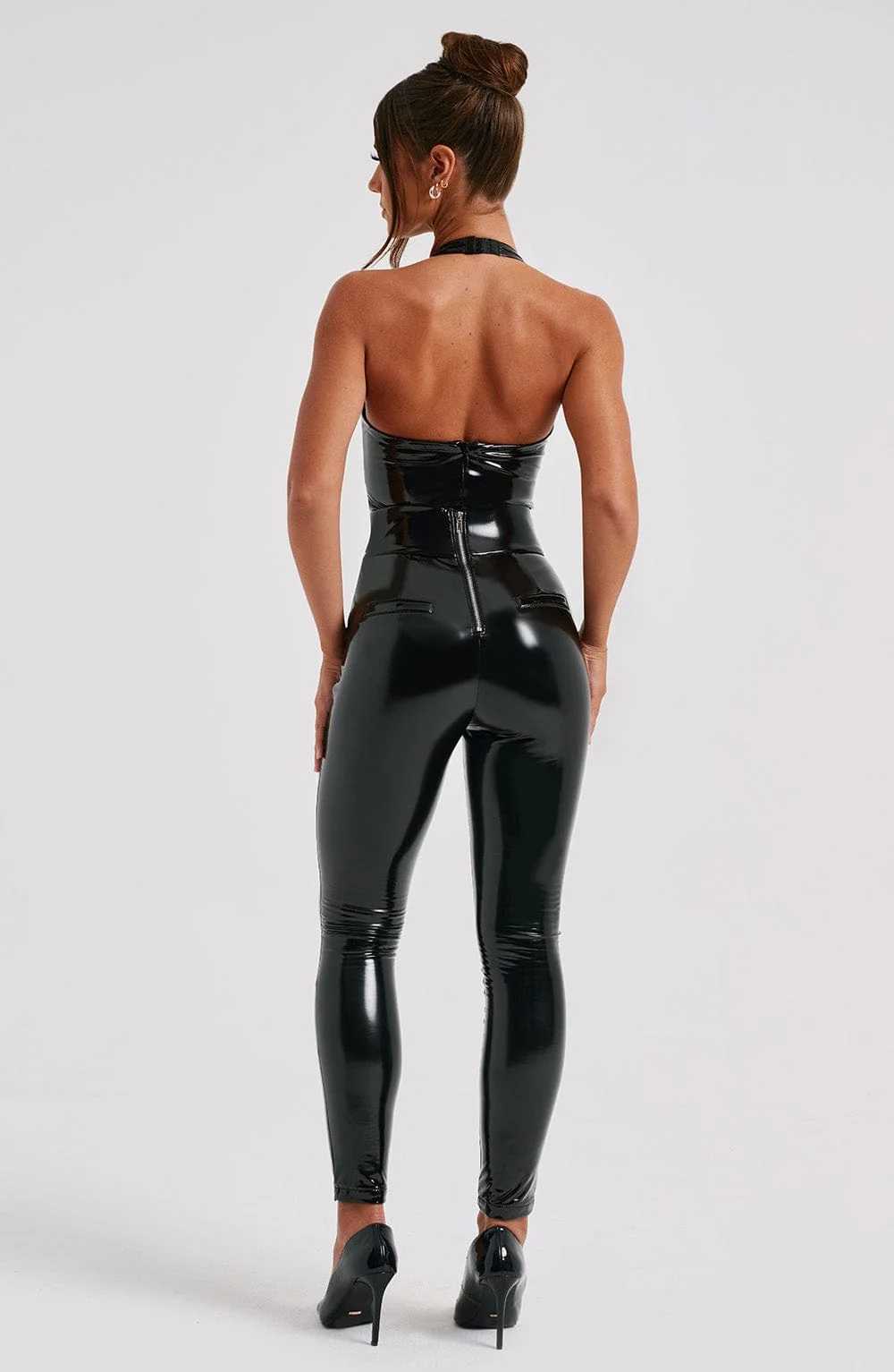 Black Vinyl Plunge Neck Bodysuit with Halterneck Strap