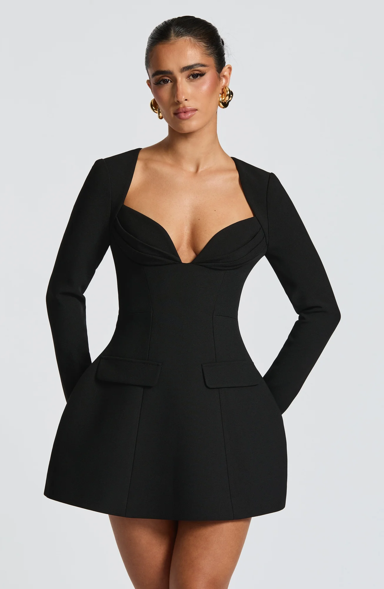 Black Bubble Hem Mini Dress in Luxe Crepe Fabric