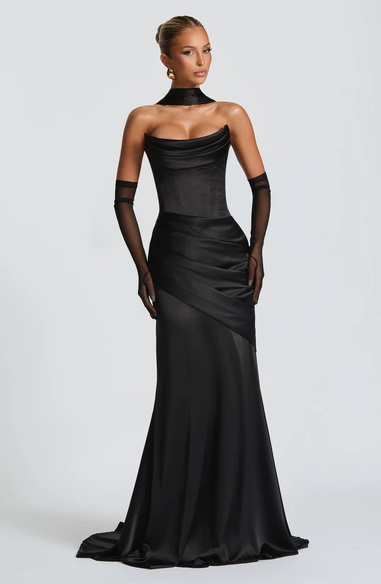 Luxurious Black Satin Maxi Dress with Lace-Up Back
