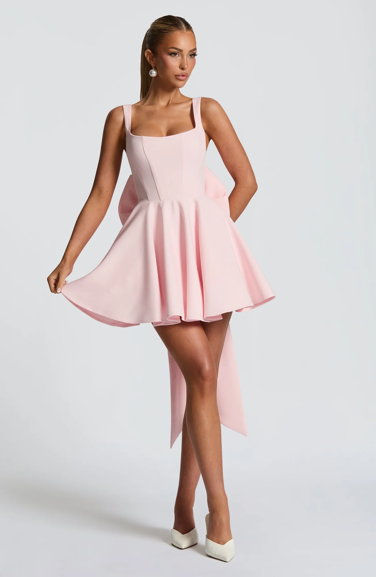 Elegant Blush Square Neckline Mini Dress with Detachable Bow