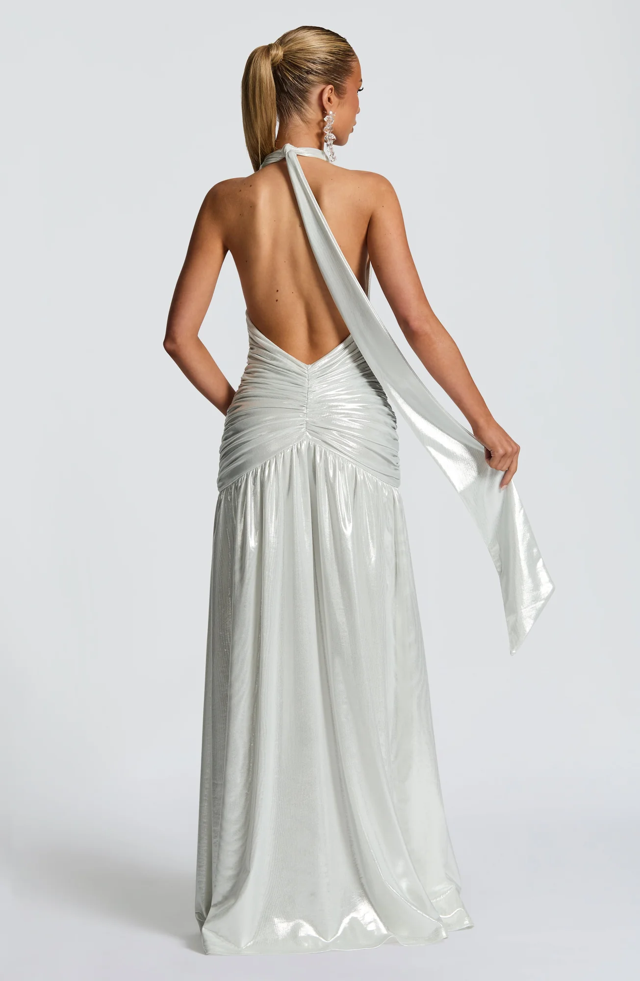 Silver Metallic Coated Jersey Maxi Dress - Elegant Evening Apparel
