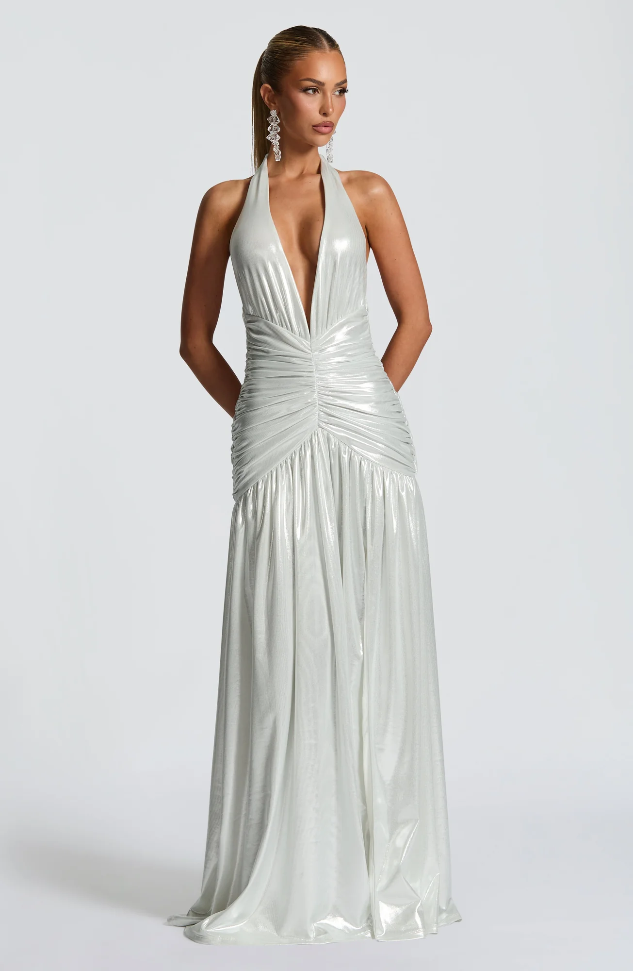 Silver Metallic Coated Jersey Maxi Dress - Elegant Evening Apparel