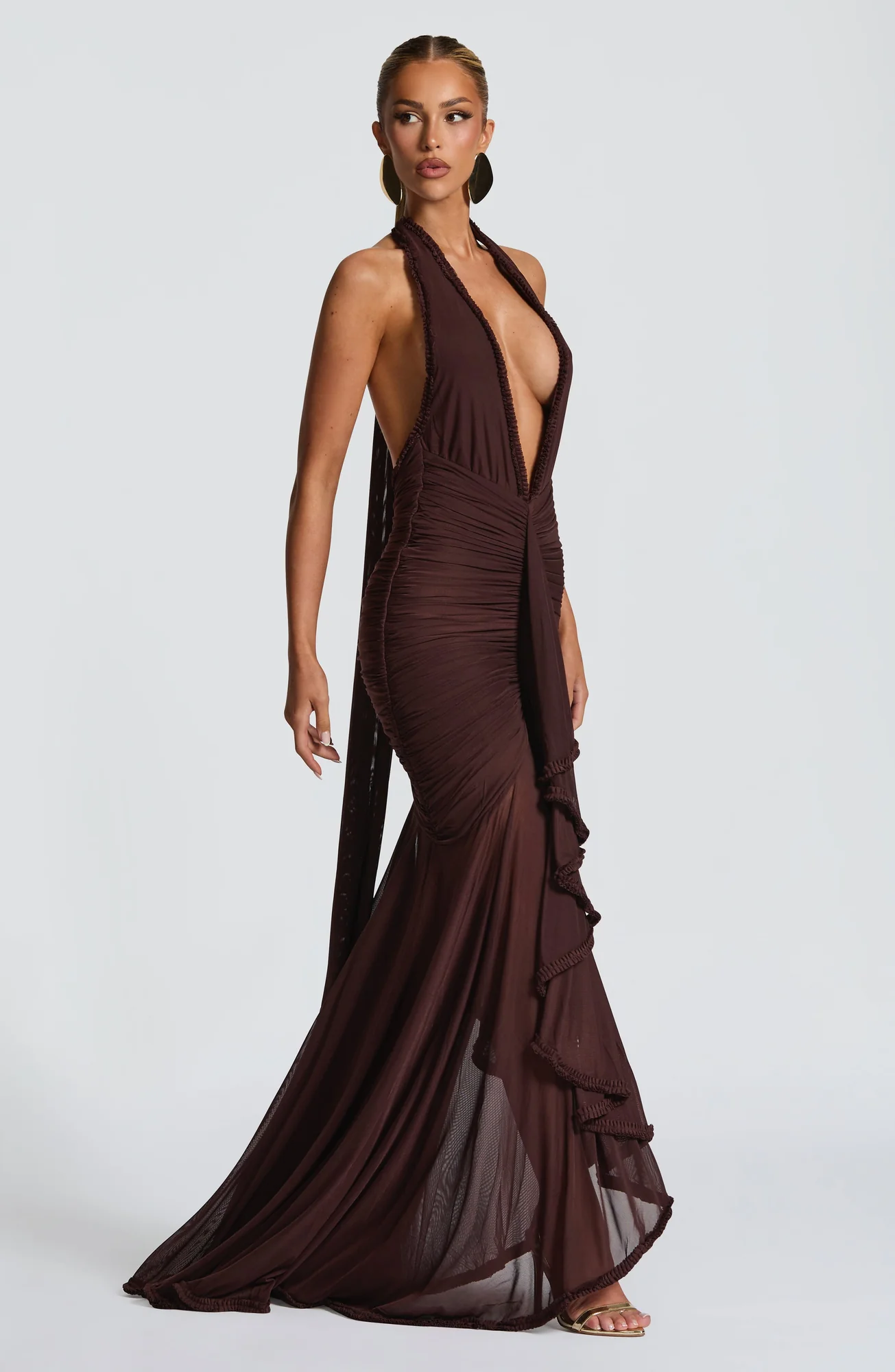 Plum Brown Maxi Dress with Deep Plunge Neckline