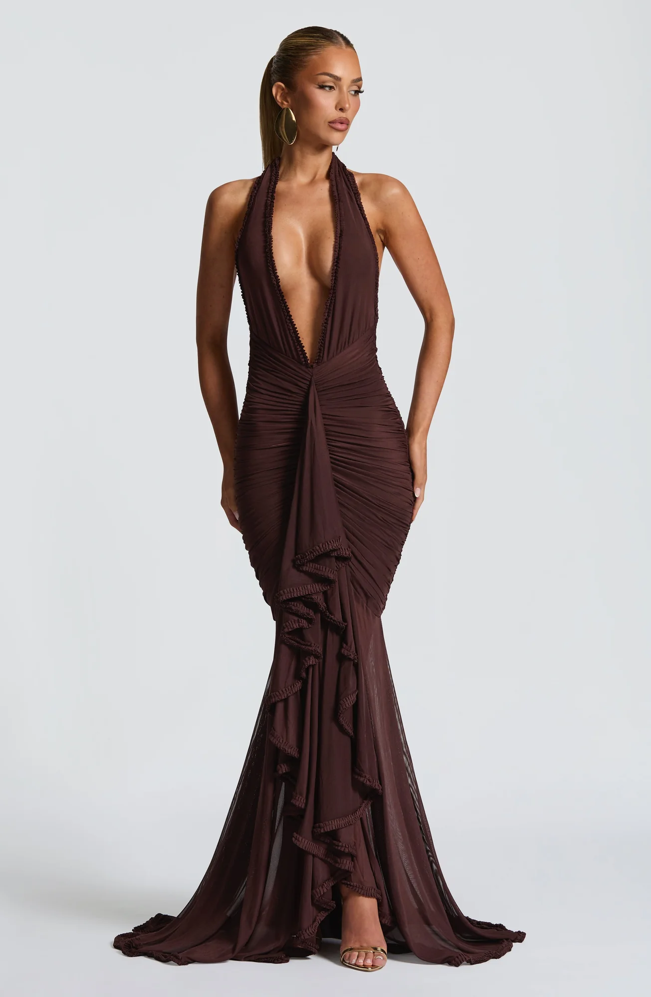 Plum Brown Maxi Dress with Deep Plunge Neckline