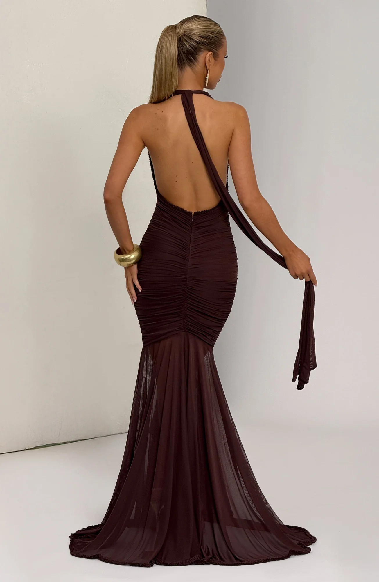 Plum Brown Maxi Dress with Deep Plunge Neckline