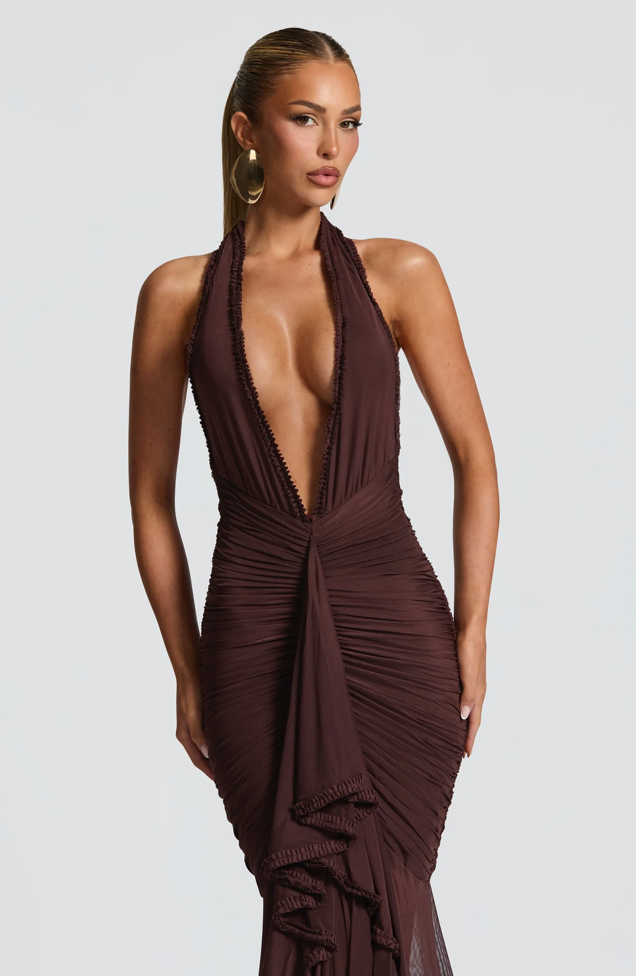 Plum Brown Maxi Dress with Deep Plunge Neckline