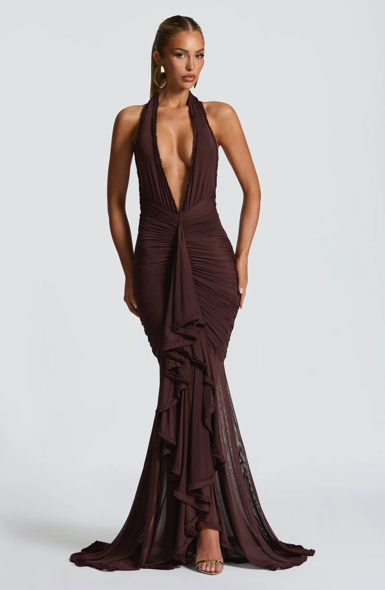 Plum Brown Maxi Dress with Deep Plunge Neckline