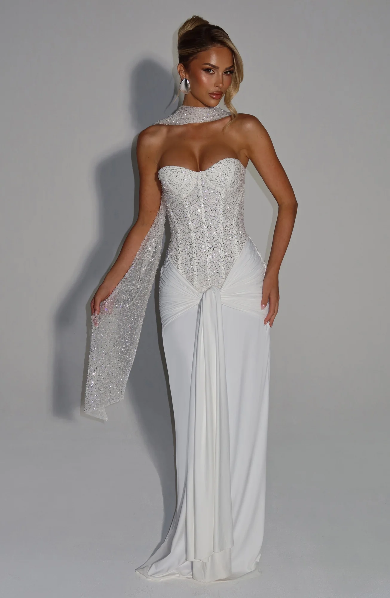 Ivory Beaded Mesh Bodice Maxi Dress with Draped Back