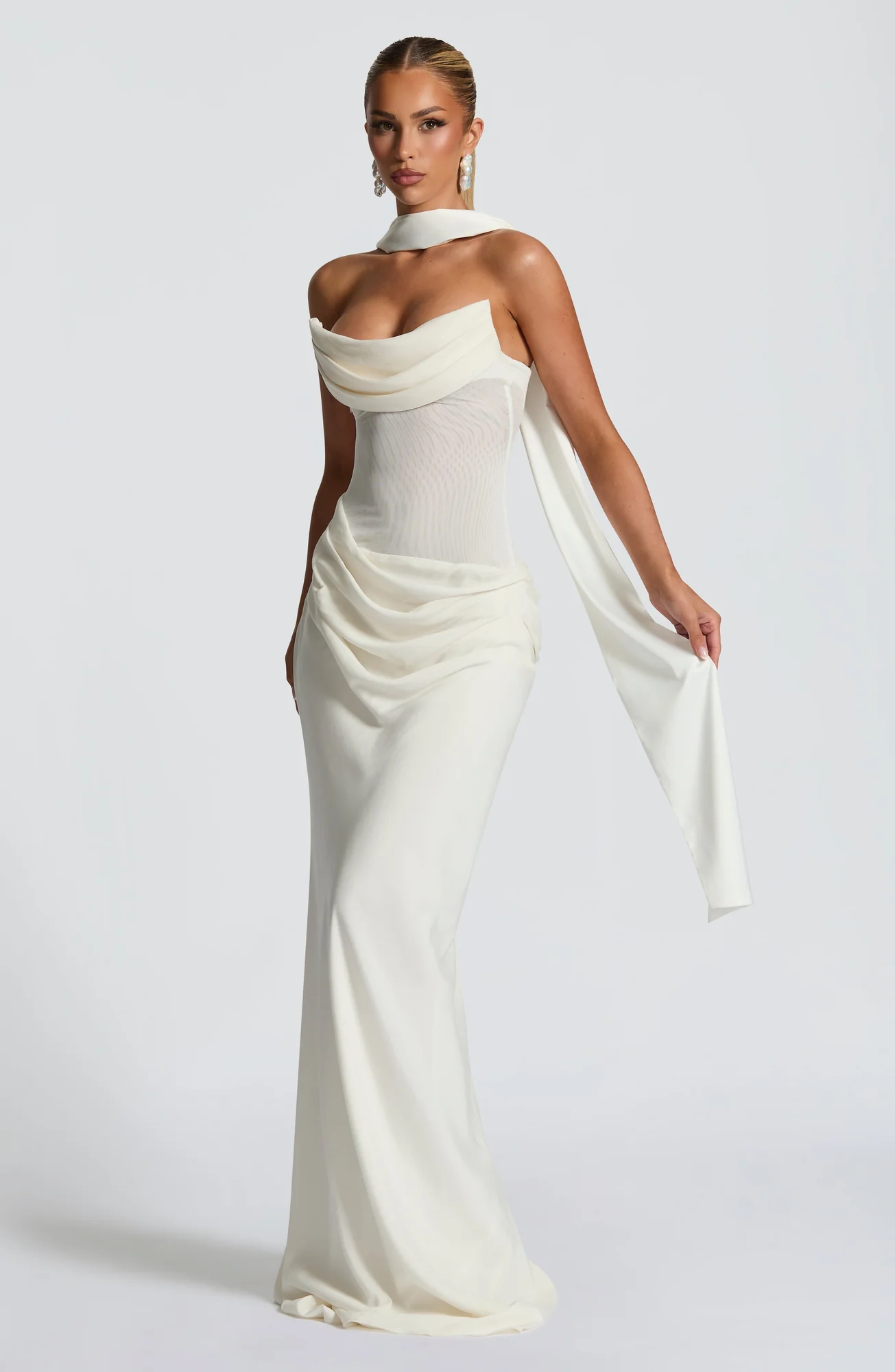 Ivory Strapless Cowl Neck Maxi Dress - Elegant Asymmetric Silhouette