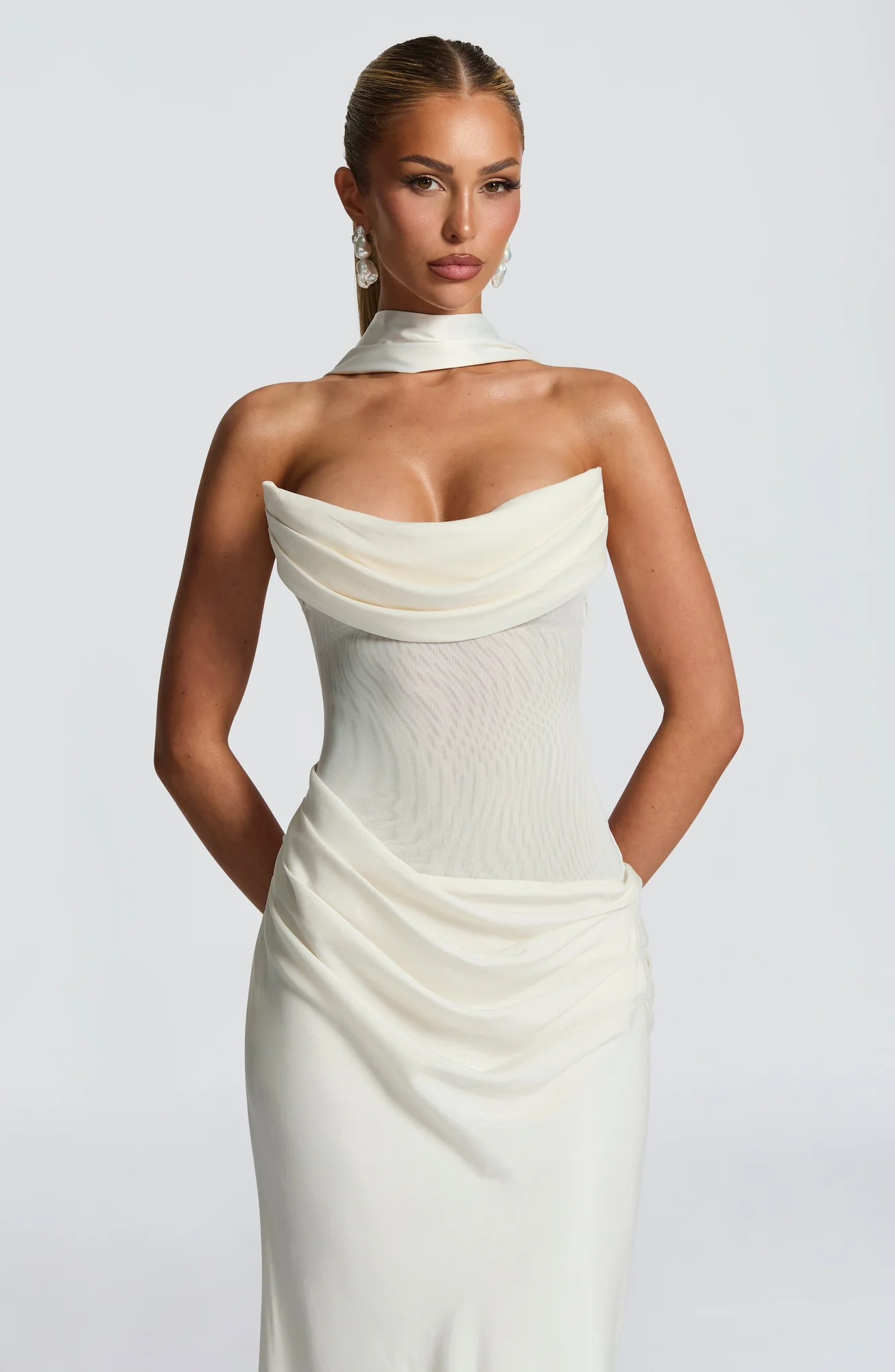 Ivory Strapless Cowl Neck Maxi Dress - Elegant Asymmetric Silhouette