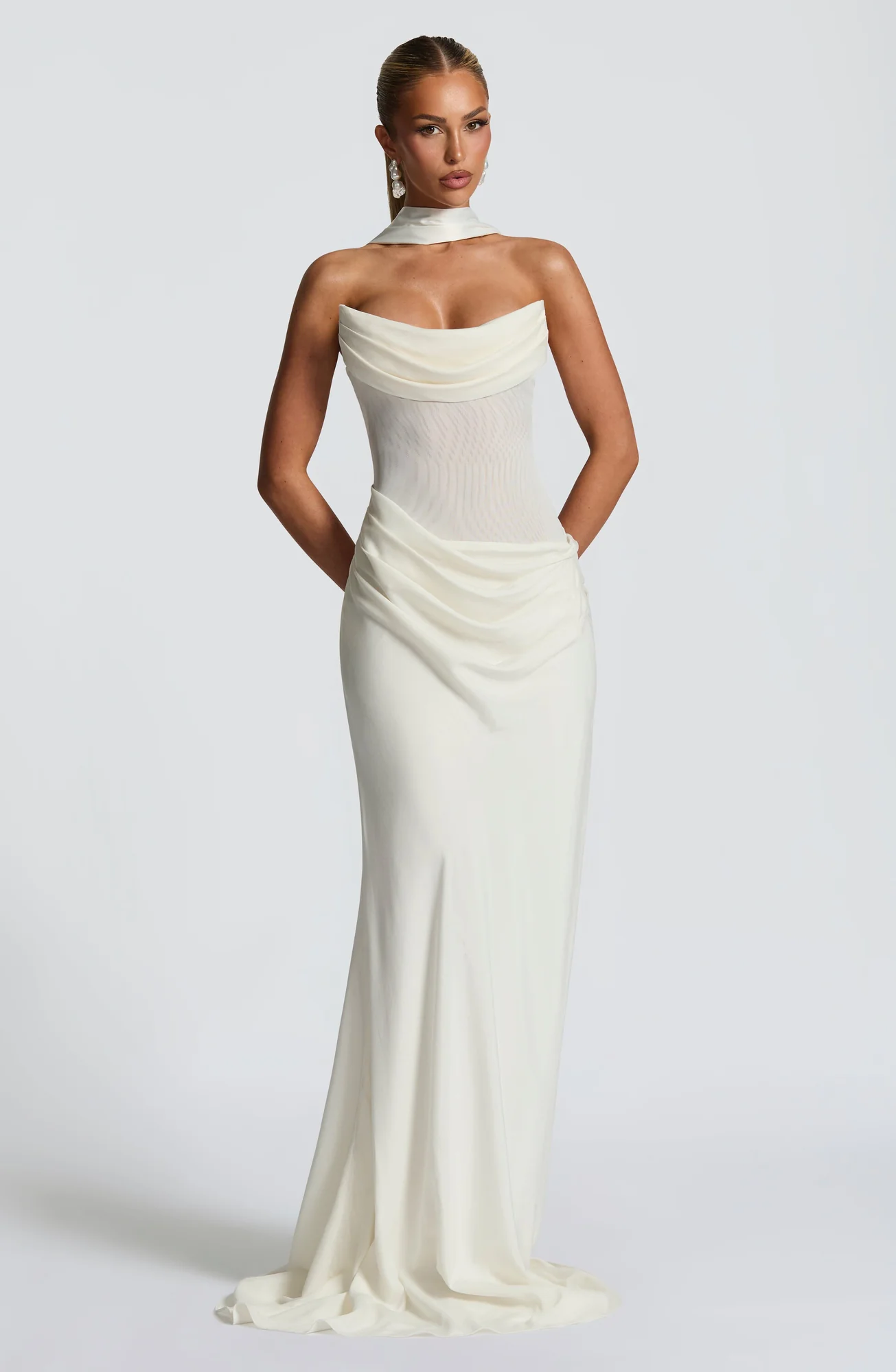 Ivory Strapless Cowl Neck Maxi Dress - Elegant Asymmetric Silhouette