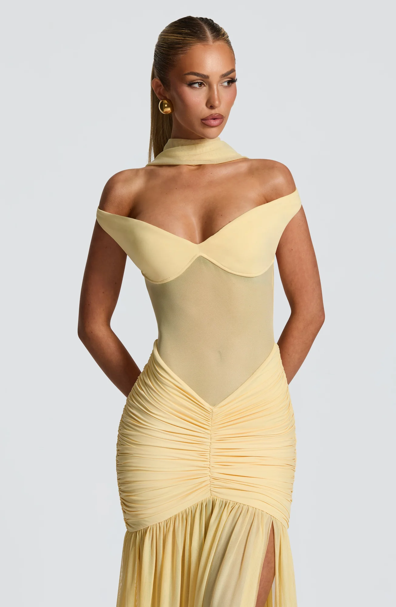 Lemon Mesh Bardot Maxi Dress