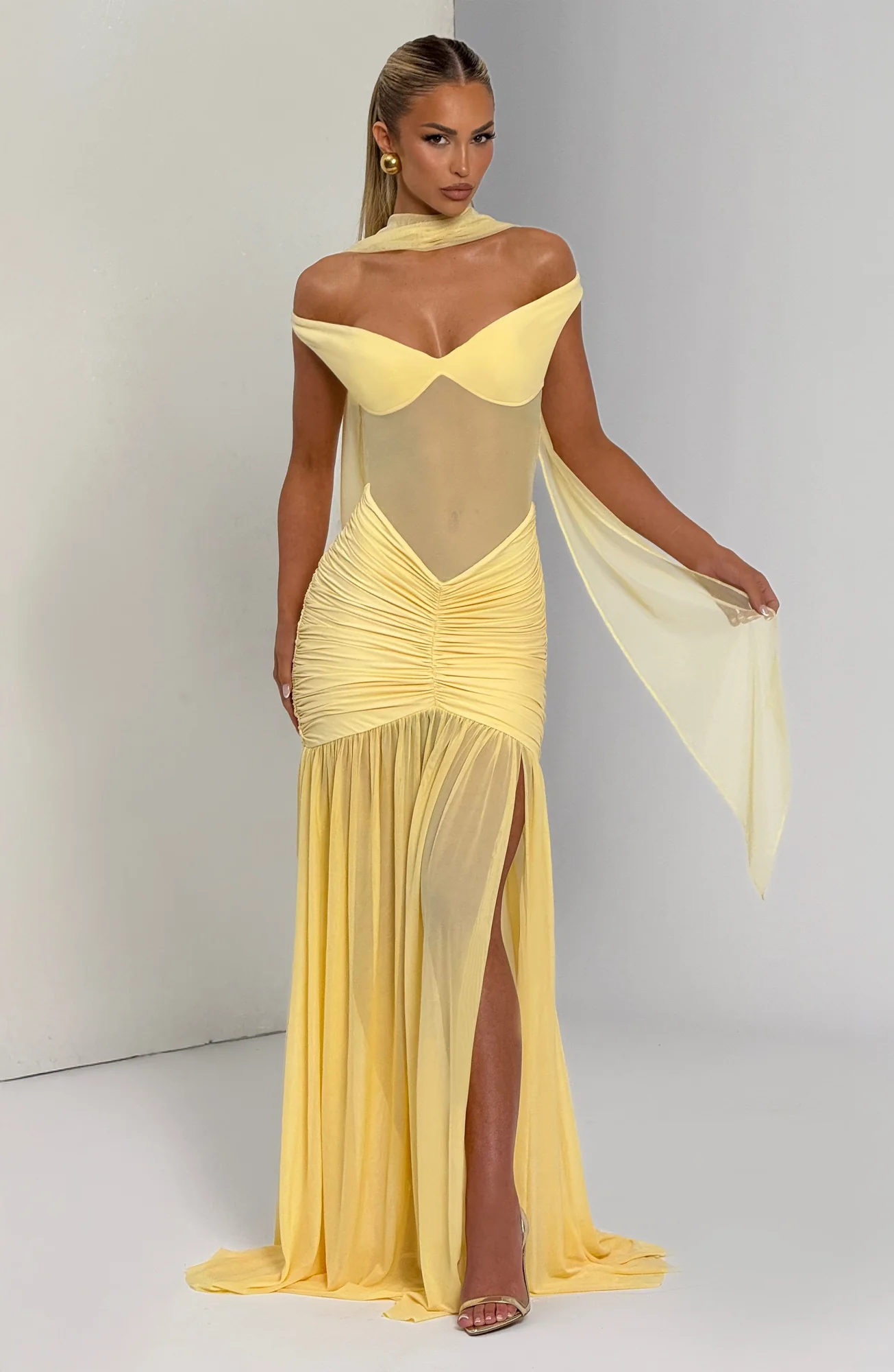 Lemon Mesh Bardot Maxi Dress