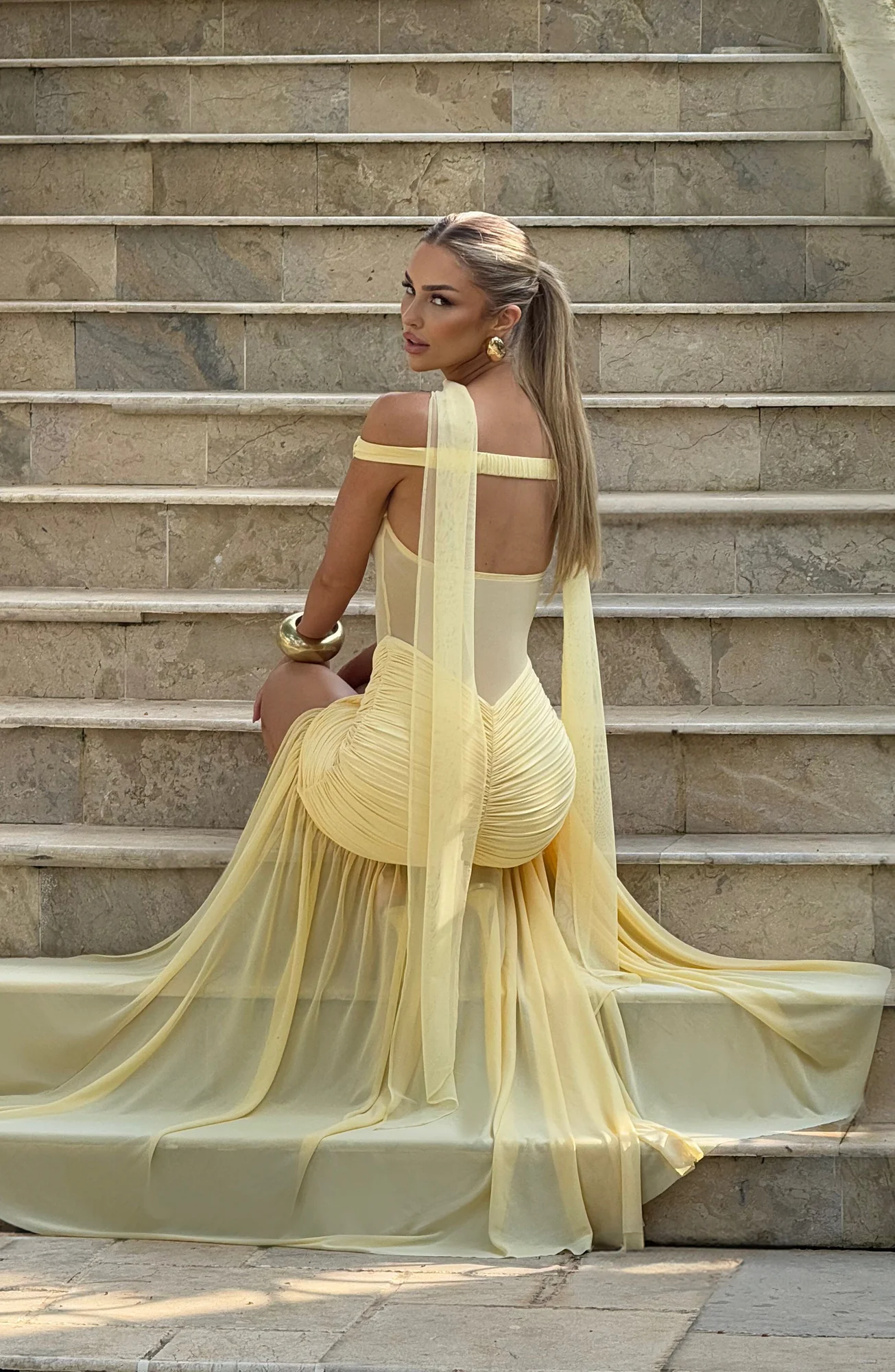 Lemon Mesh Bardot Maxi Dress