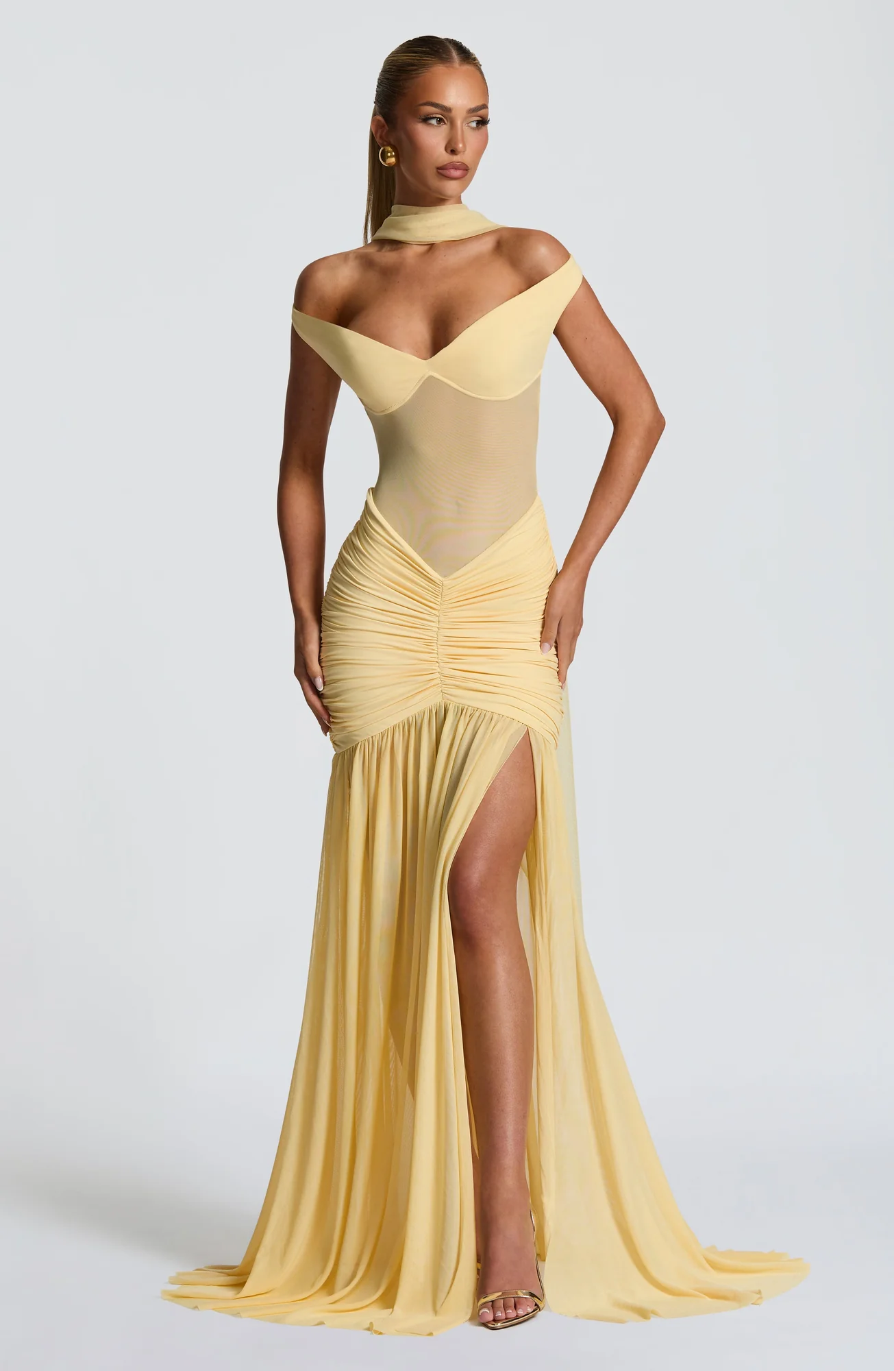 Lemon Mesh Bardot Maxi Dress
