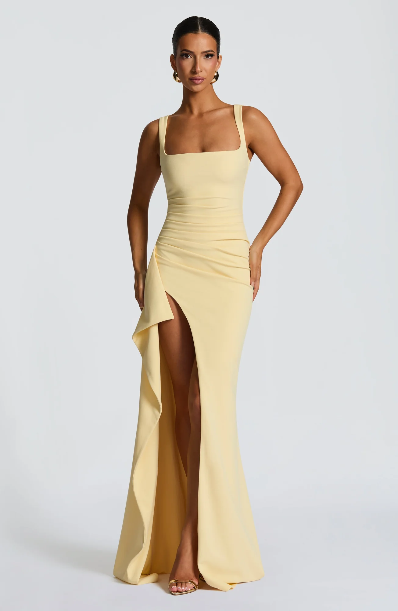 Elegant Lemon Maxi Dress with Thigh-High Split