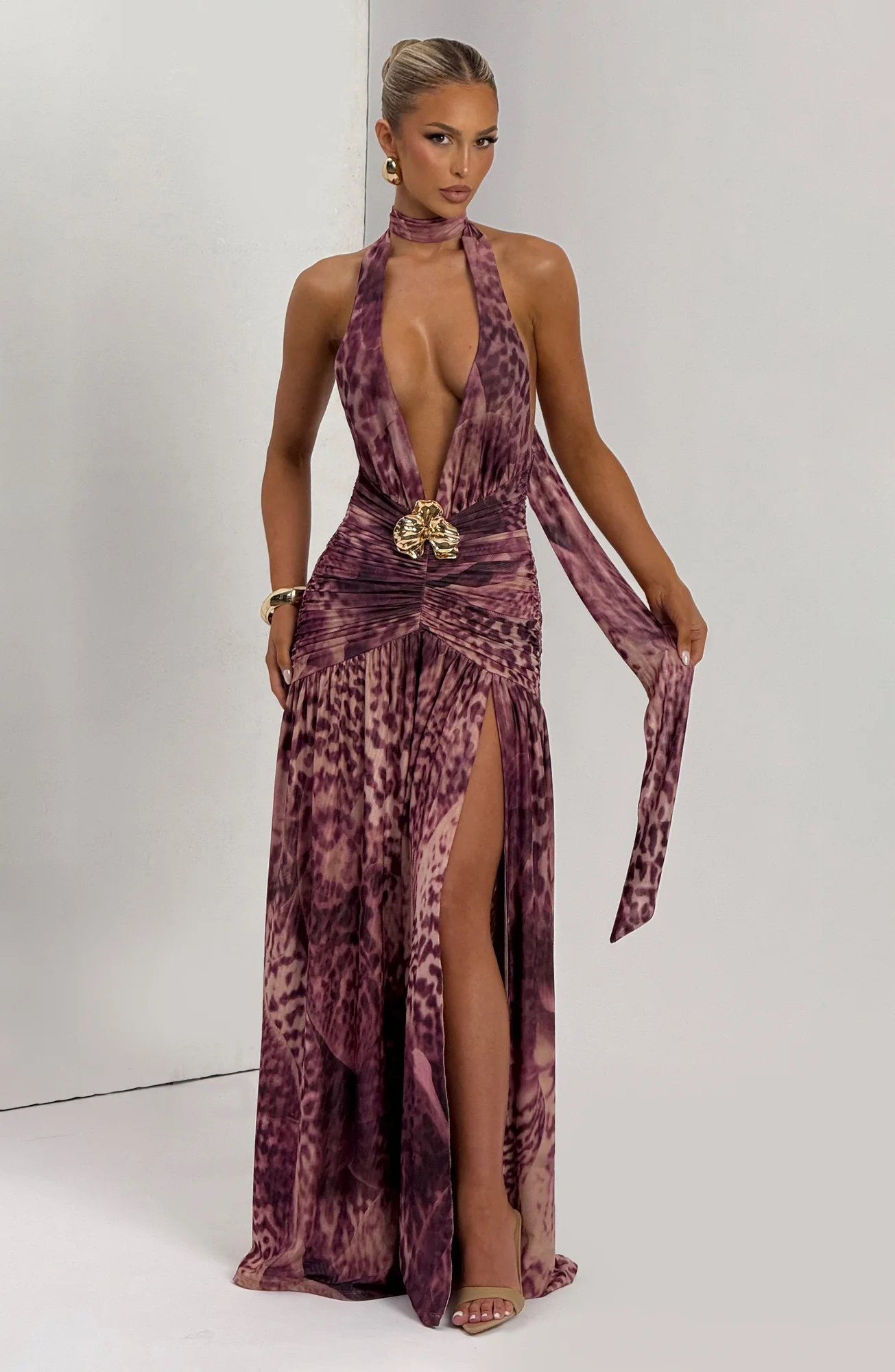 Elegant Magenta Orchid Print Maxi Dress
