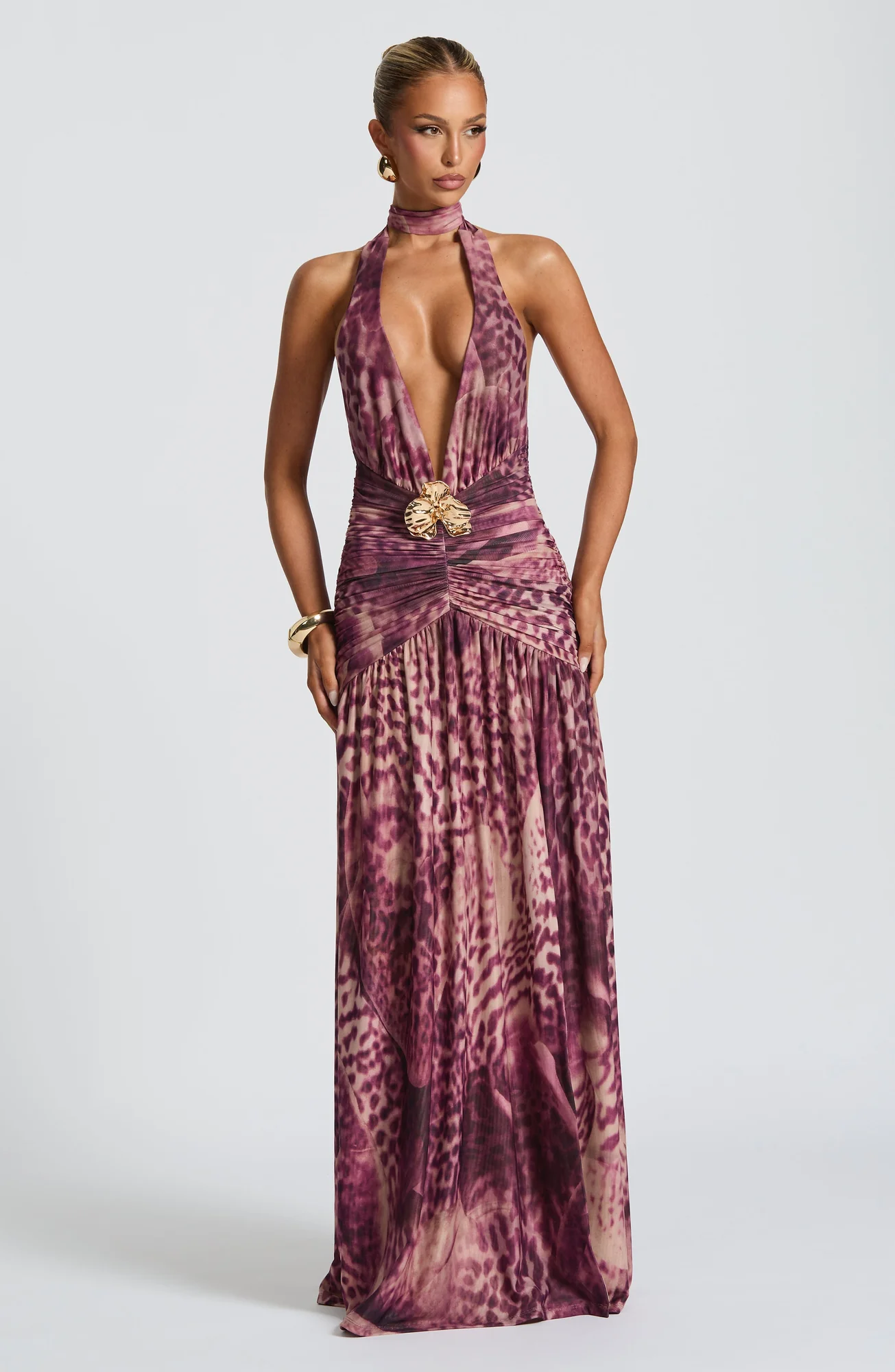 Elegant Magenta Orchid Print Maxi Dress
