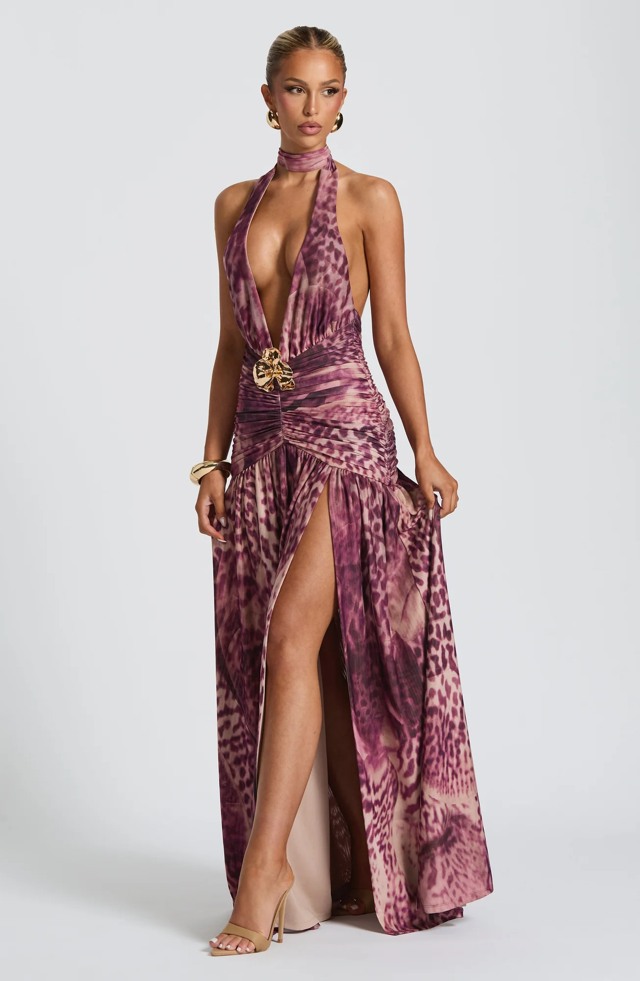 Elegant Magenta Orchid Print Maxi Dress