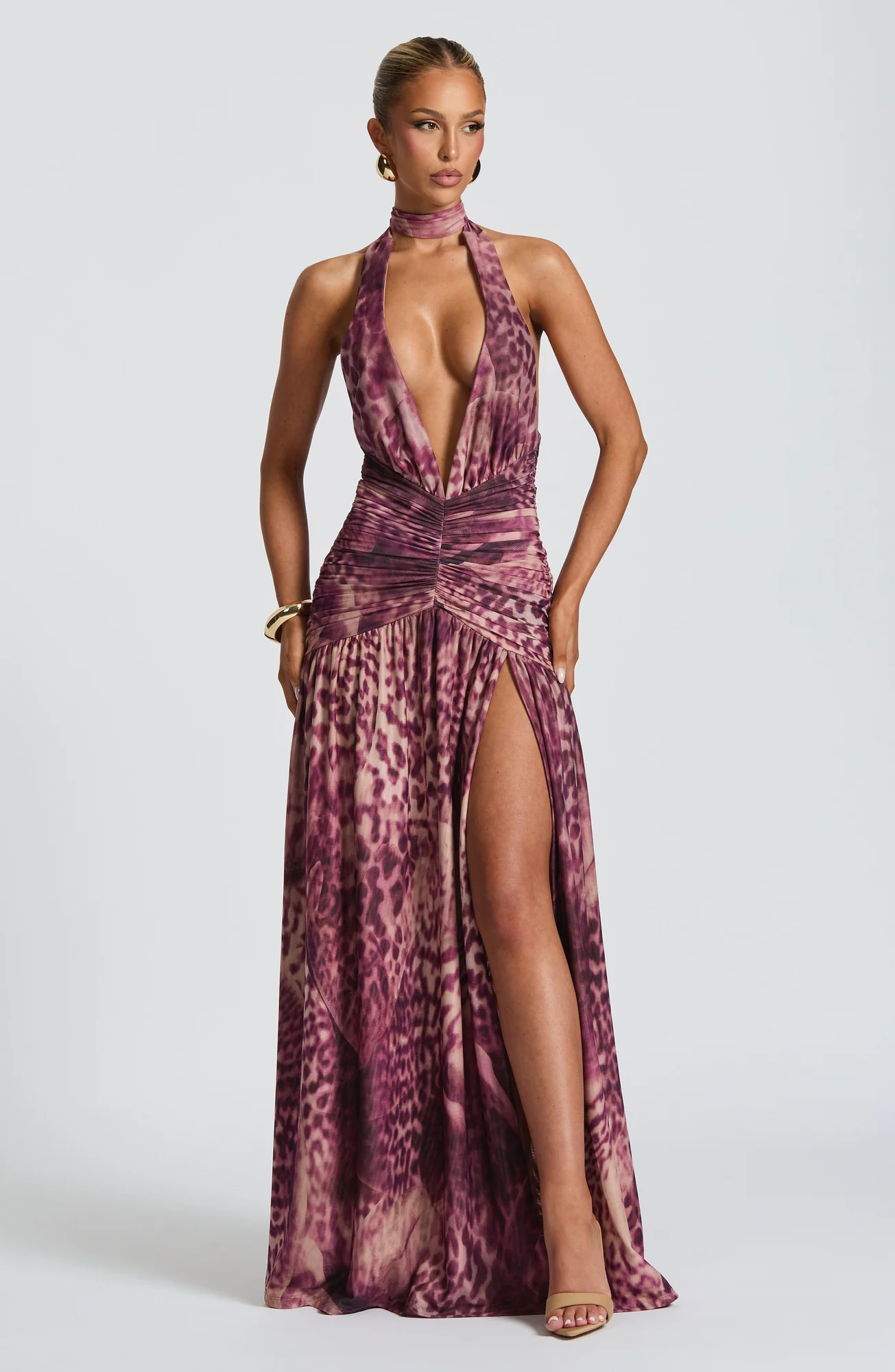 Elegant Magenta Orchid Print Maxi Dress