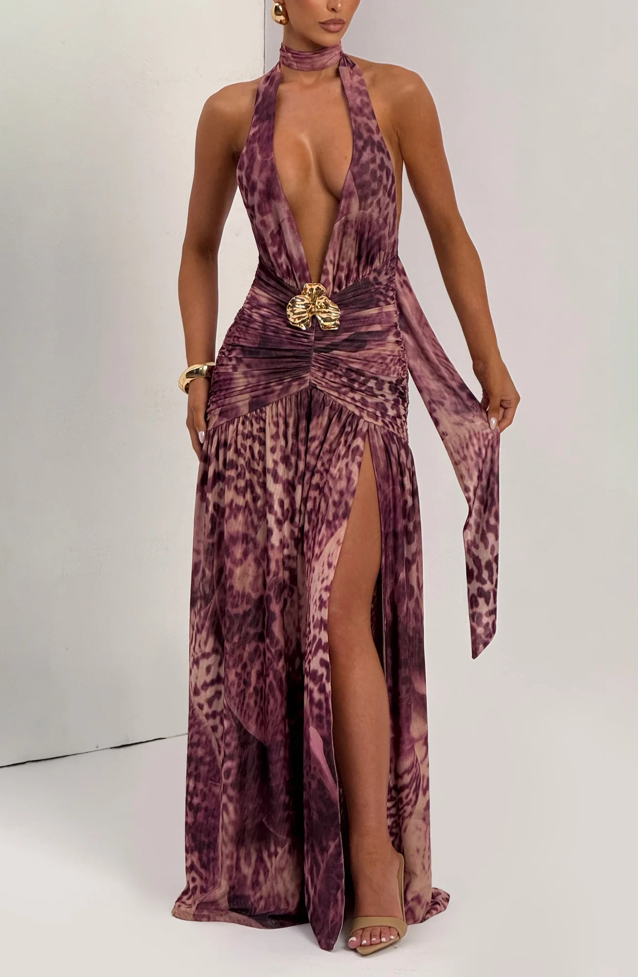 Elegant Magenta Orchid Print Maxi Dress