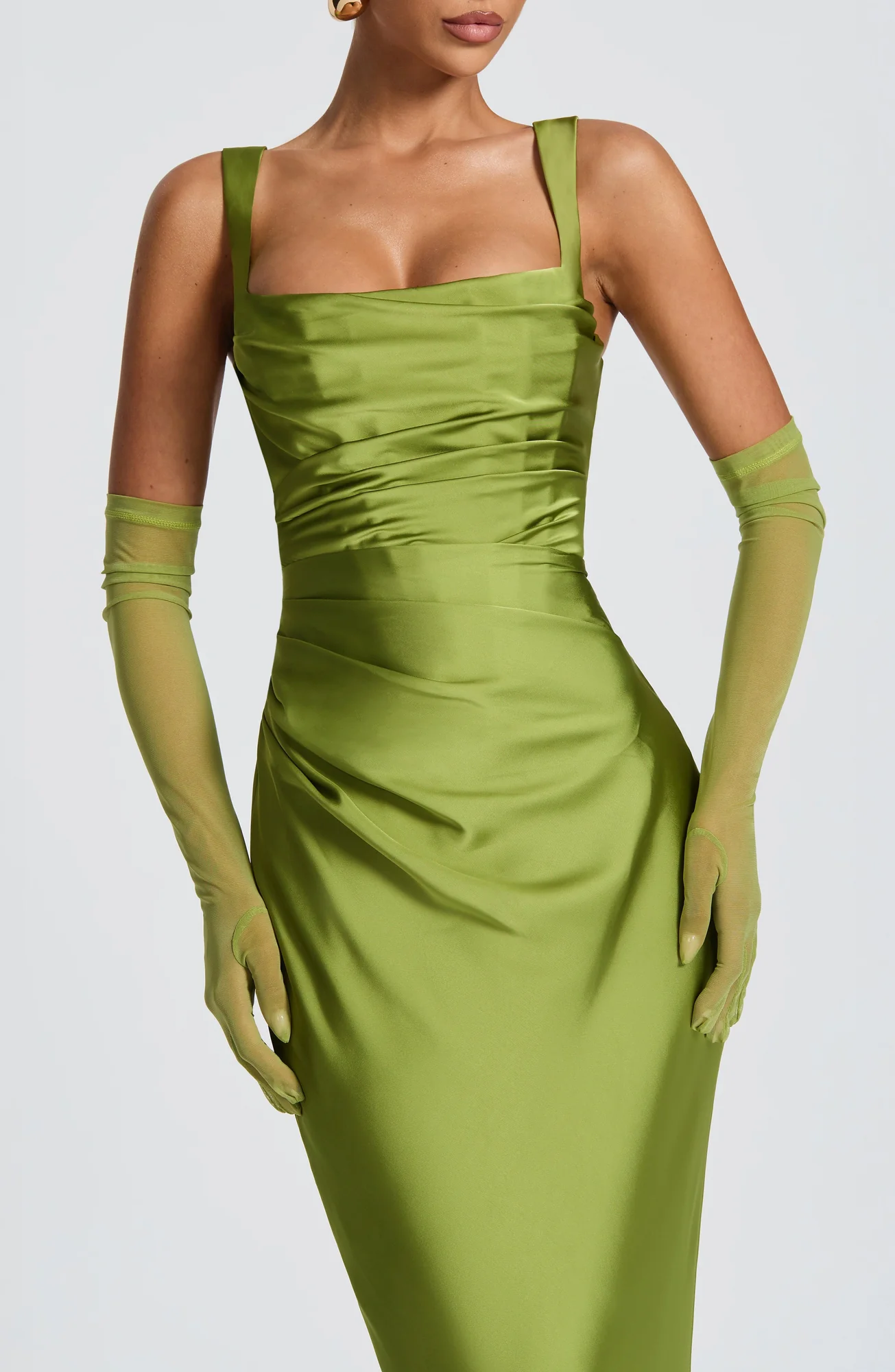 Olive Elbow Length Stretch Mesh Gloves for Sophisticated Outfits