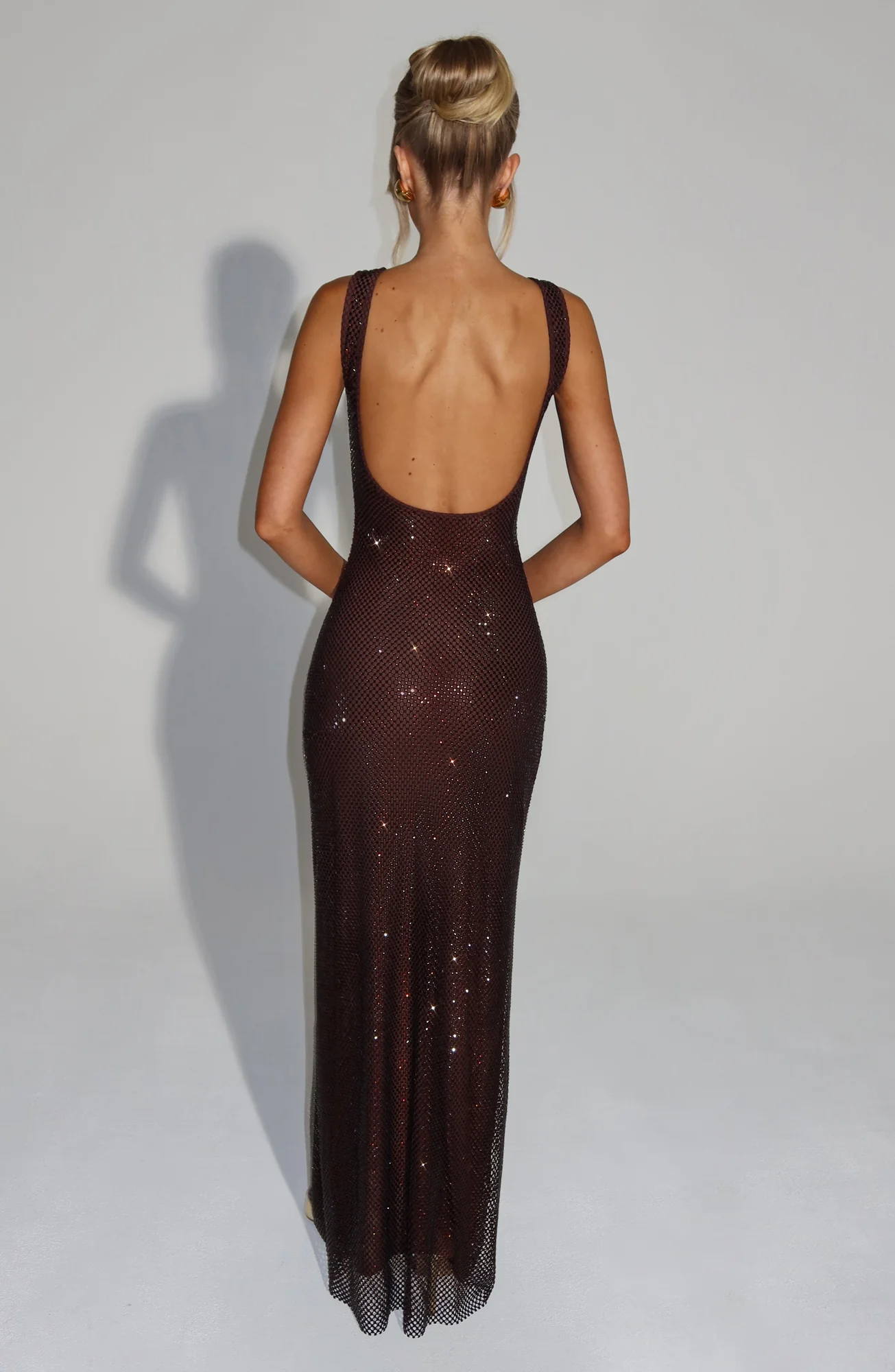 Plum Brown Mesh Embellished Maxi Dress - Body-Hugging Fit