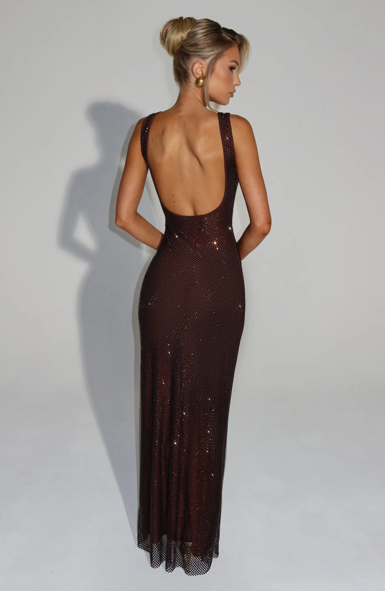 Plum Brown Mesh Embellished Maxi Dress - Body-Hugging Fit