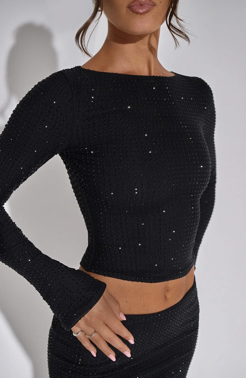 Sparkling Black Mesh Long Sleeve Crop Top - Tani Collection