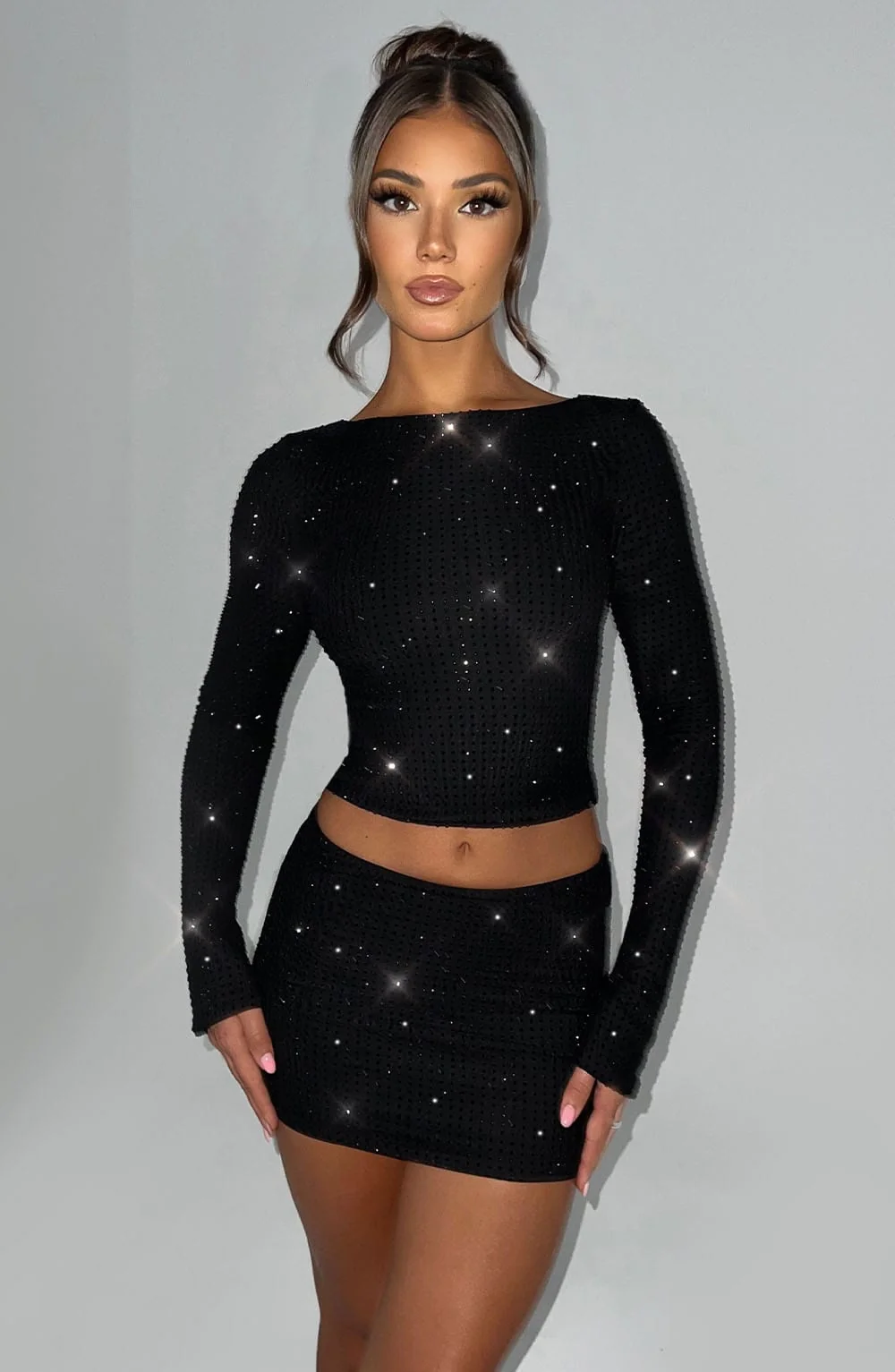 Sparkling Black Mesh Long Sleeve Crop Top - Tani Collection