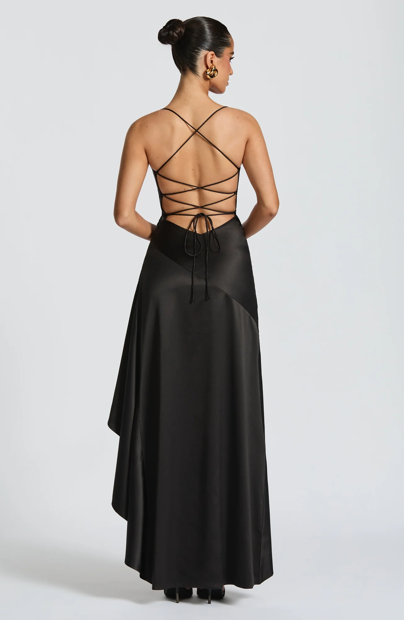 Elegant Black Satin Maxi Dress with Lace-Up Back