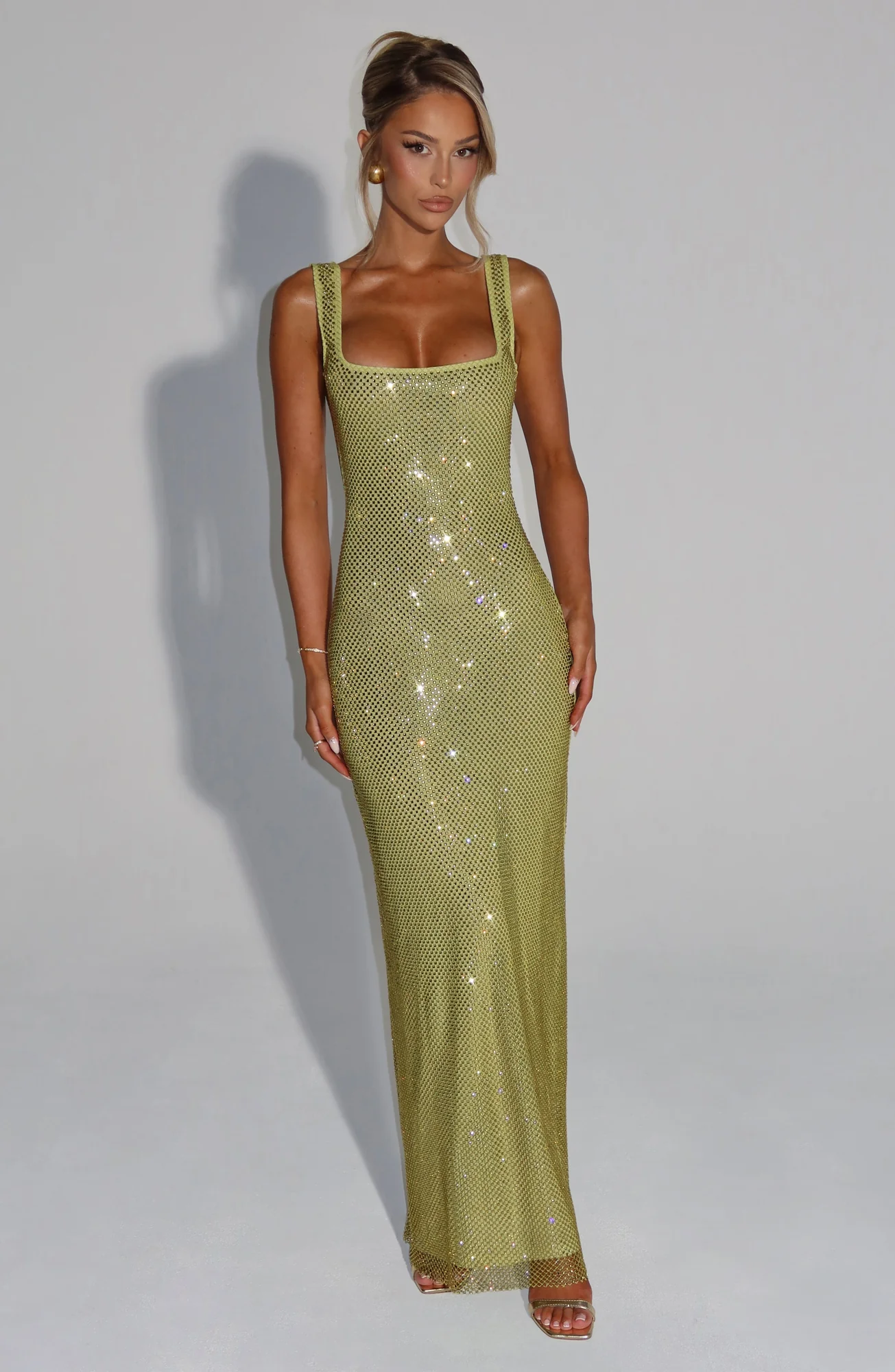 Olive Stretch Net Maxi Dress with Hotfix Embellishments