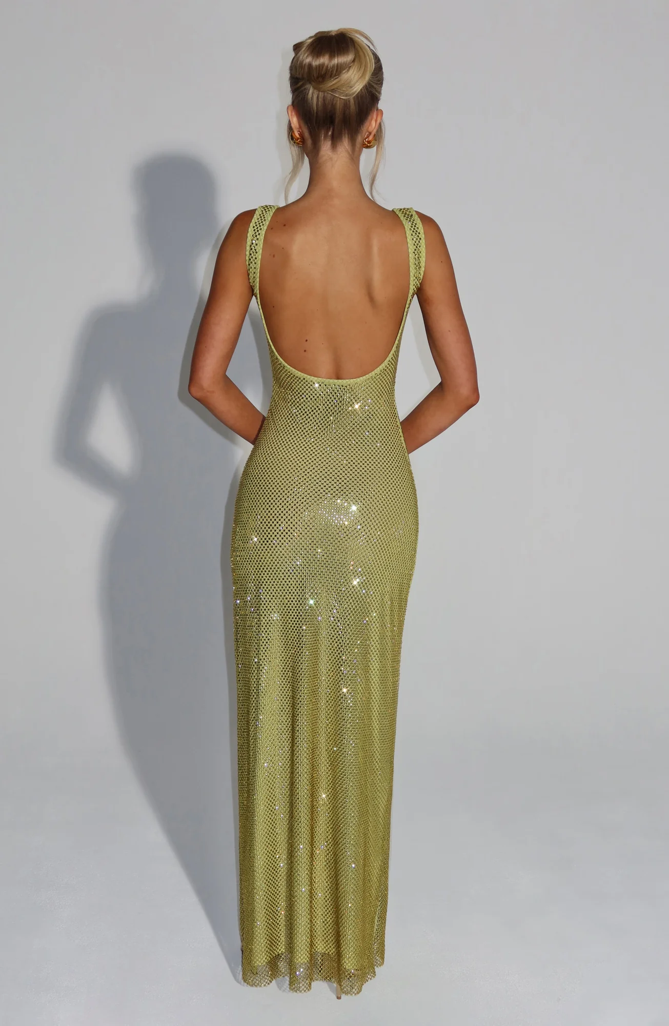 Olive Stretch Net Maxi Dress with Hotfix Embellishments
