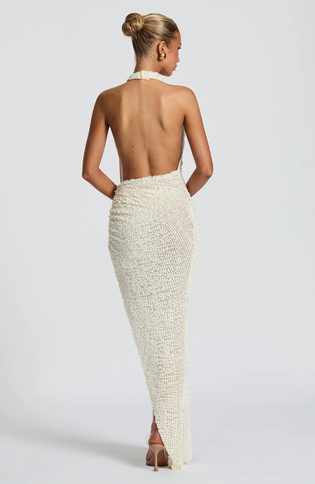 Elegant Ivory Asymmetric Midi Dress - Textured Fabric