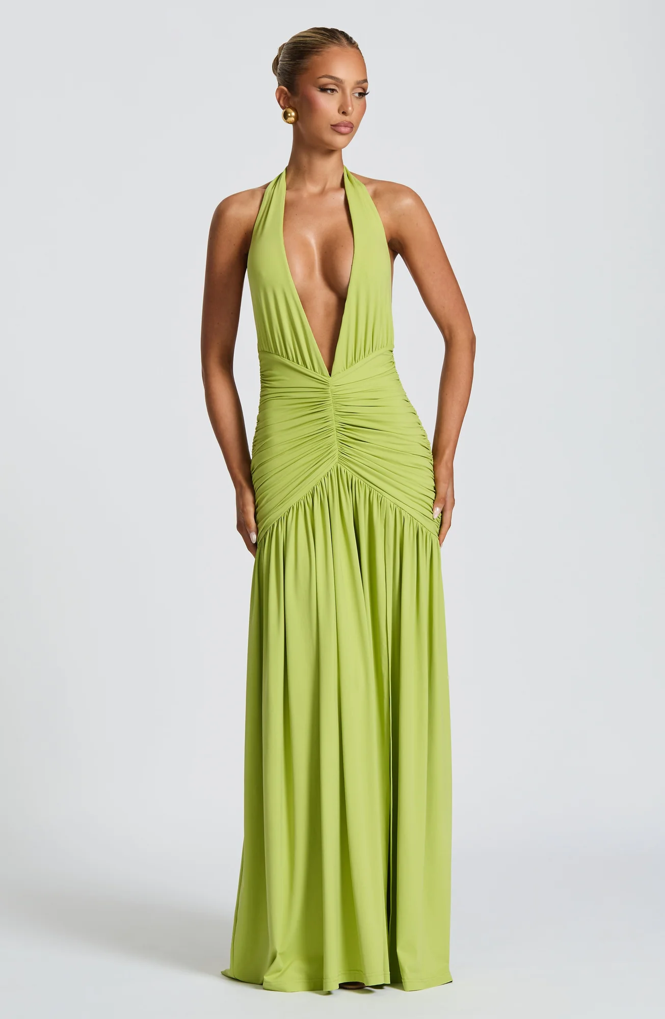Olive Halterneck Maxi Dress with Thigh High Split