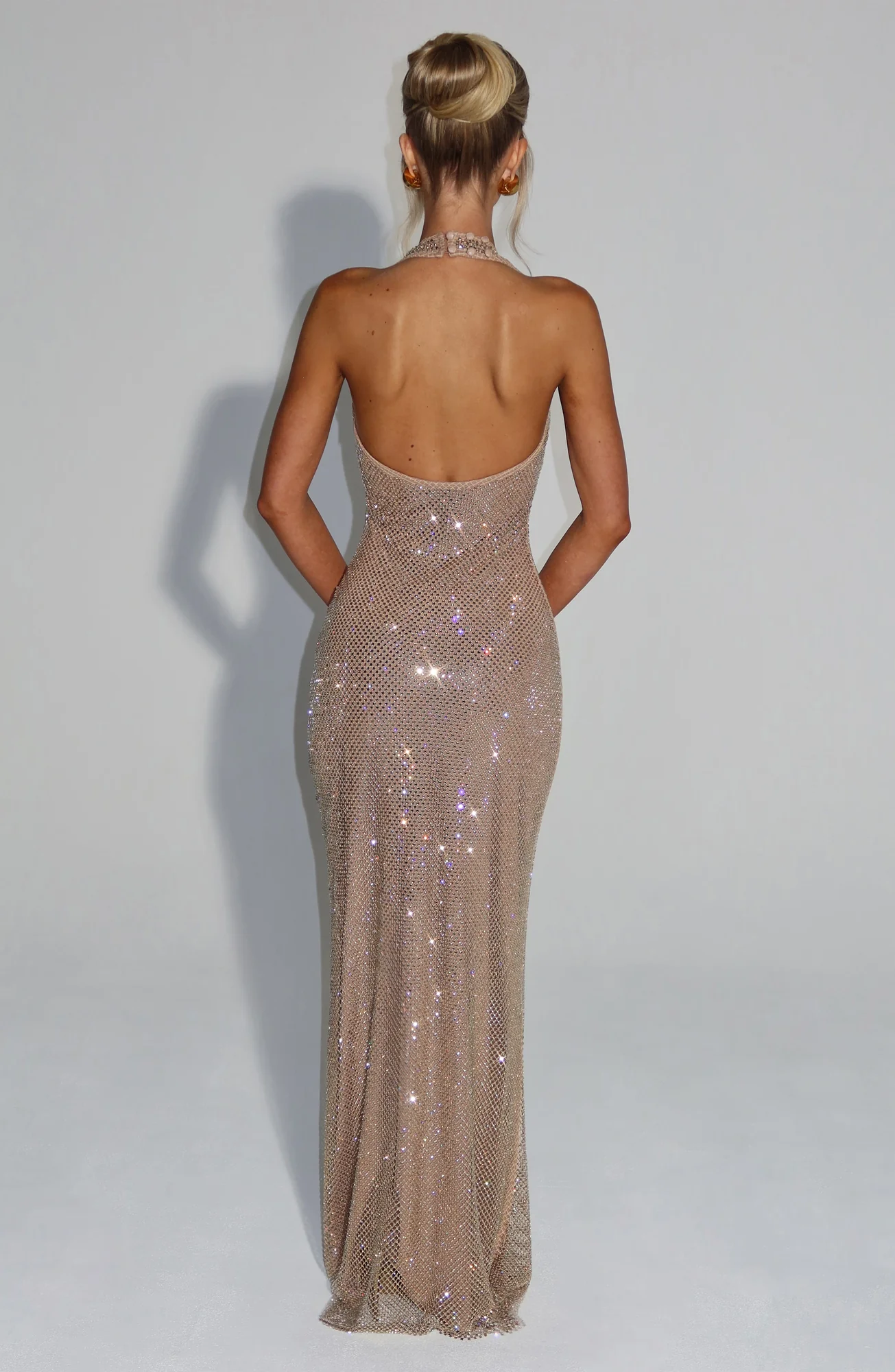 Gold Stretch Net Maxi Dress with Hotfix Rhinestones