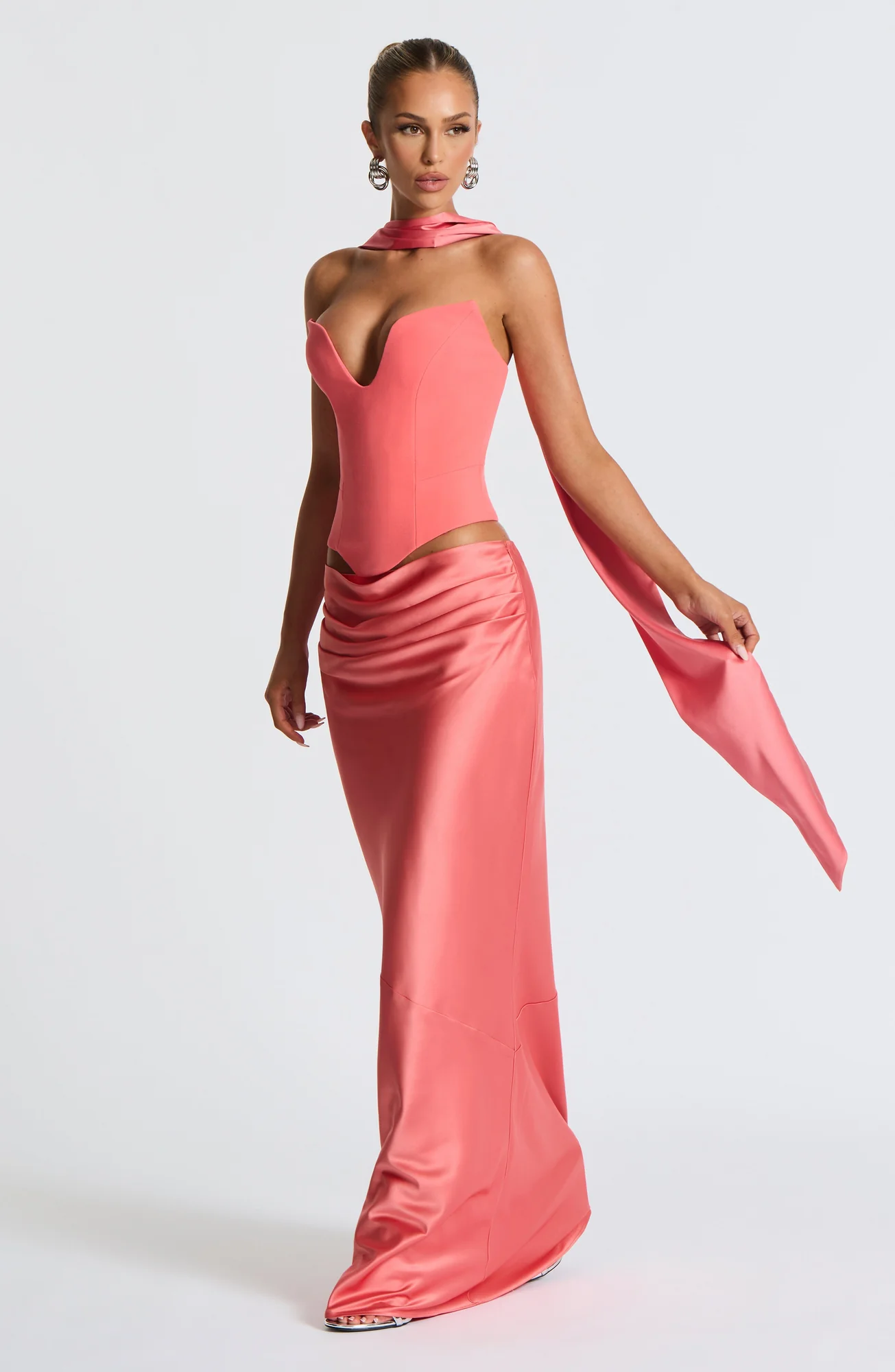 Luxurious Coral Pink Satin Scarf - Versatile Accessory