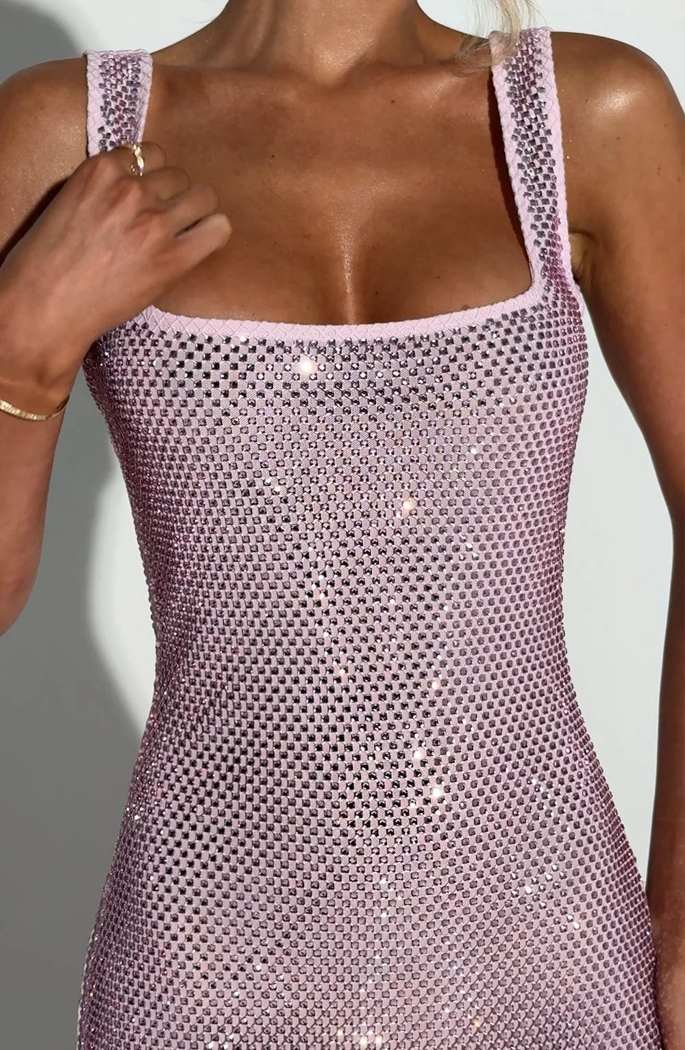 Pink Square Neck Bodycon Mini Dress with Rhinestones