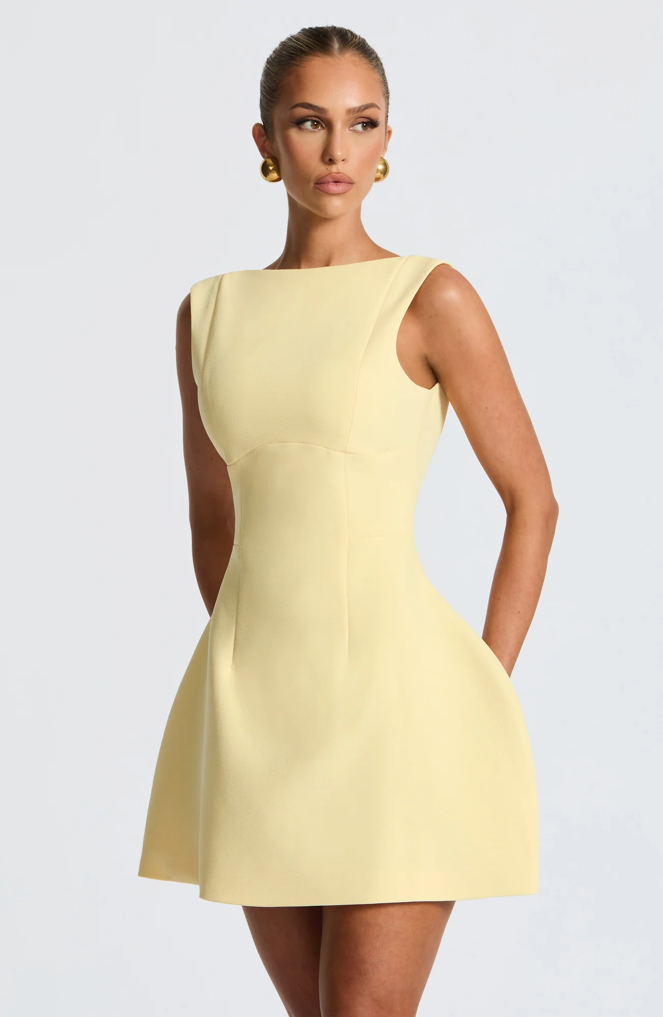 Lemon Boat Neck Mini Dress in Non-Stretch Crepe
