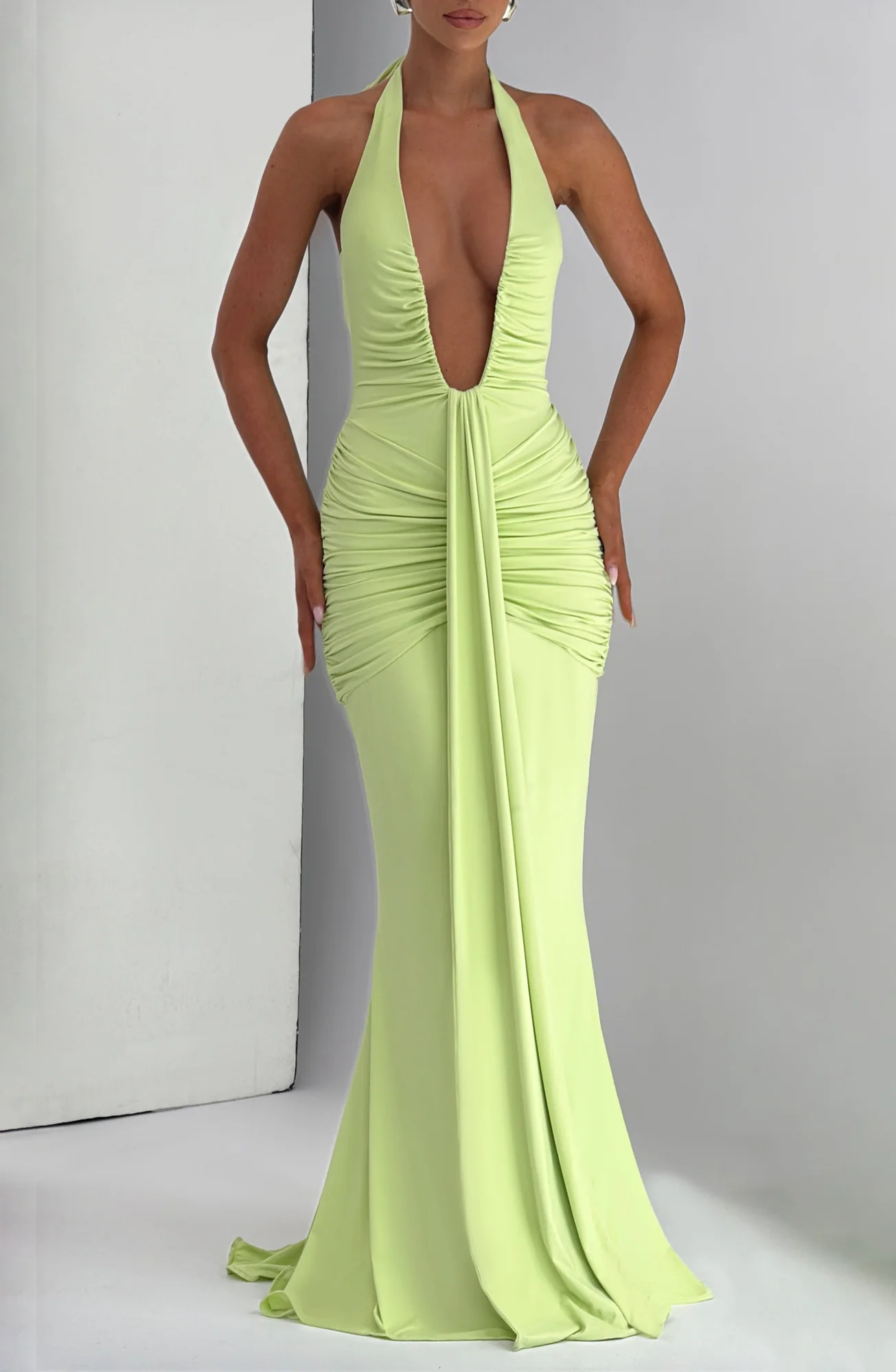 Lime Plunge Halter Maxi Dress - Elegant Slinky Jersey