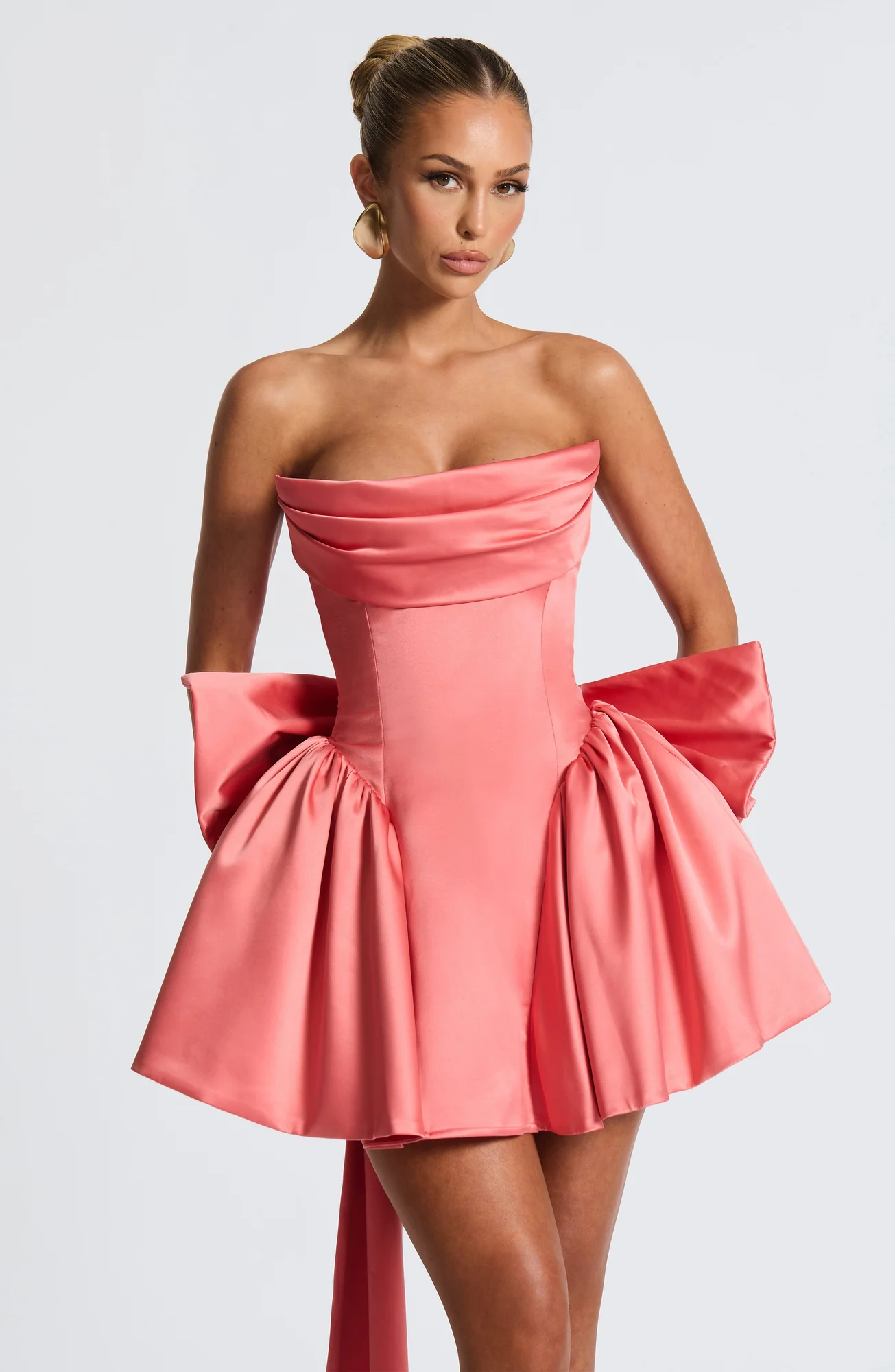 Coral Pink Stretch Satin Mini Dress with Dramatic Bow - Trinity Style