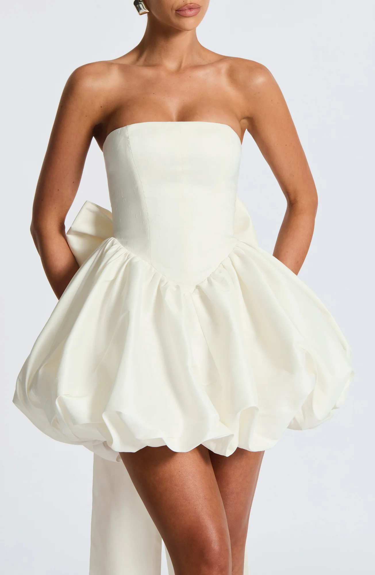 Ivory Strapless Taffeta Mini Dress with Lace-Up Back